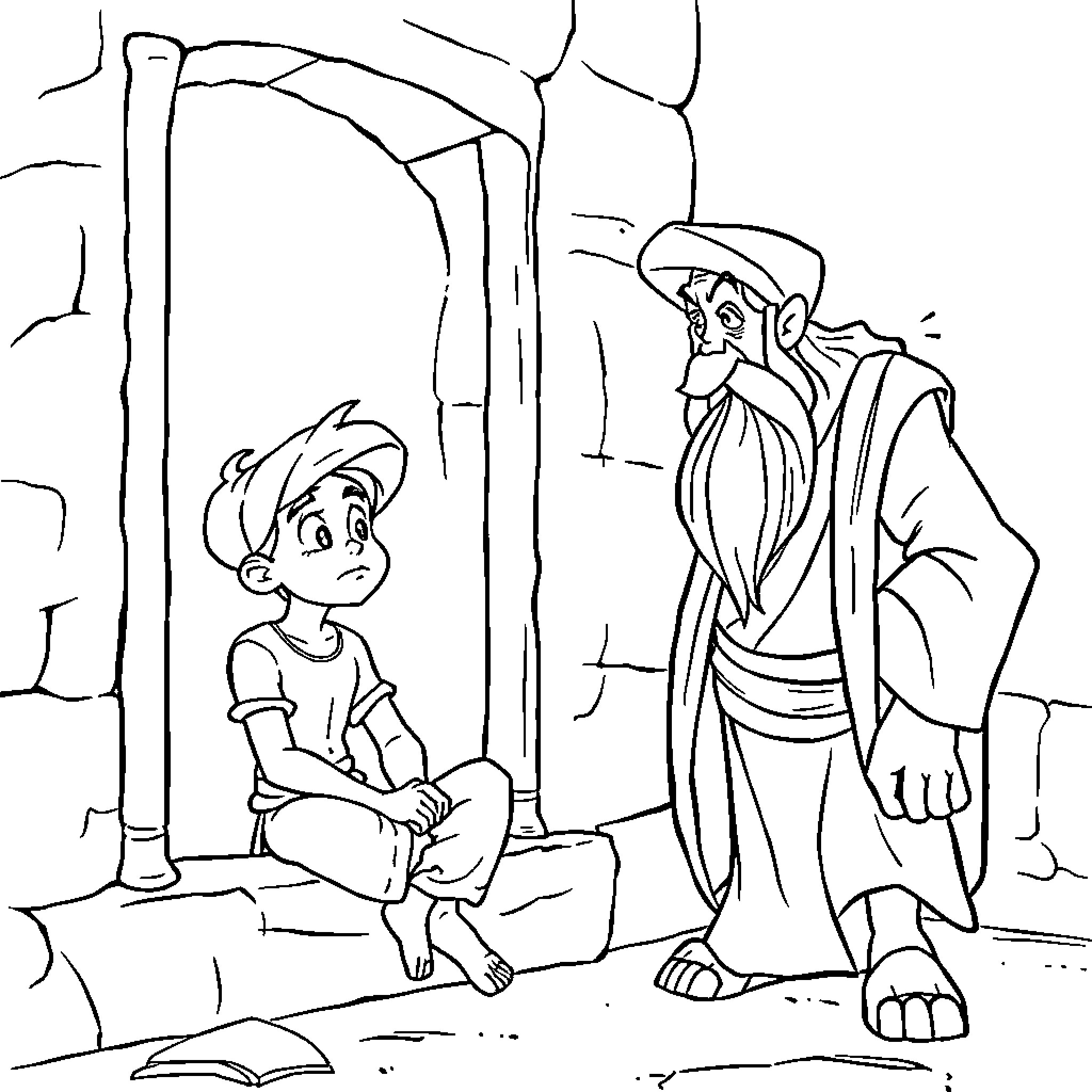 Aladdin and the Mysterious Stranger Coloring Page (free black-and-white line drawing printable PDF for all, from beginners to advanced learners, including children, teens, adults, and seniors)
