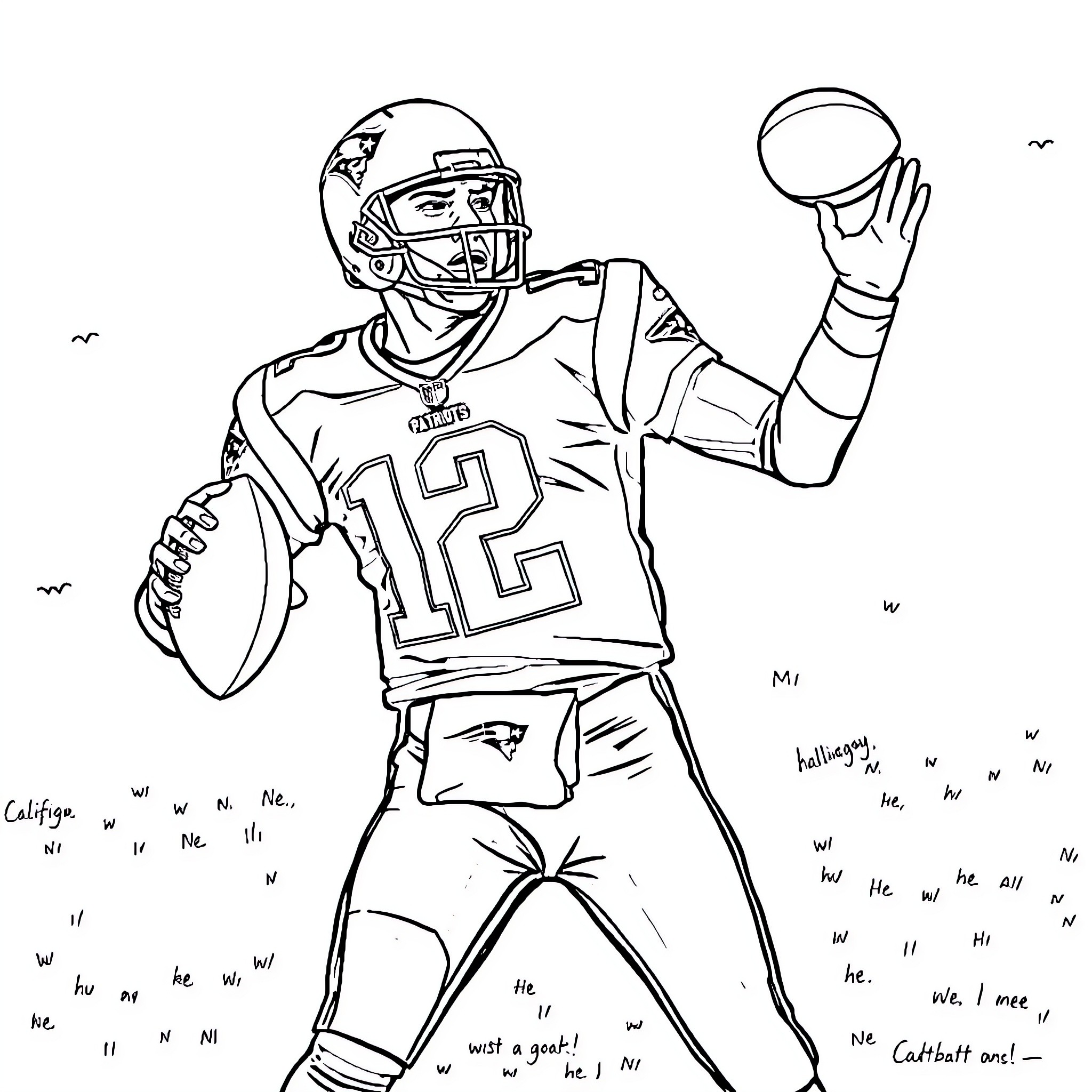 Tom Brady throwing football in game action Coloring Page (free black-and-white line drawing printable PDF for all, from beginners to advanced learners, including children, teens, adults, and seniors)