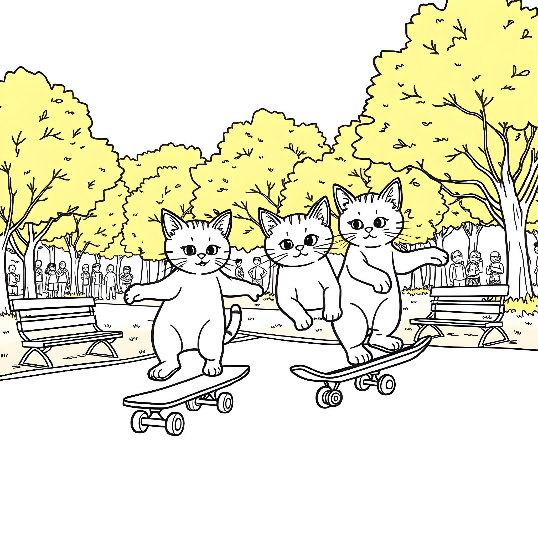 Kitty cats playing on skateboards in the park Coloring Page (free black-and-white line drawing printable PDF for all, from beginners to advanced learners, including children, teens, adults, and seniors)