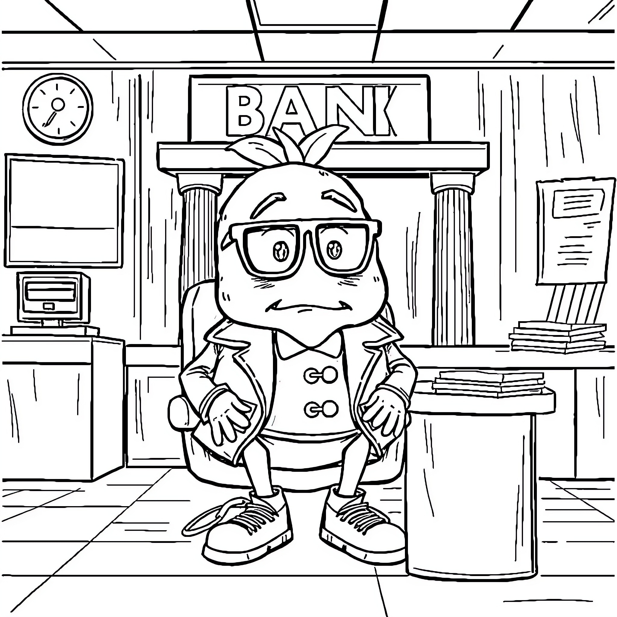 Potato Banker Awkwardly Standing in Bank Lobby Coloring Page (free black-and-white line drawing printable PDF for all, from beginners to advanced learners, including children, teens, adults, and seniors)