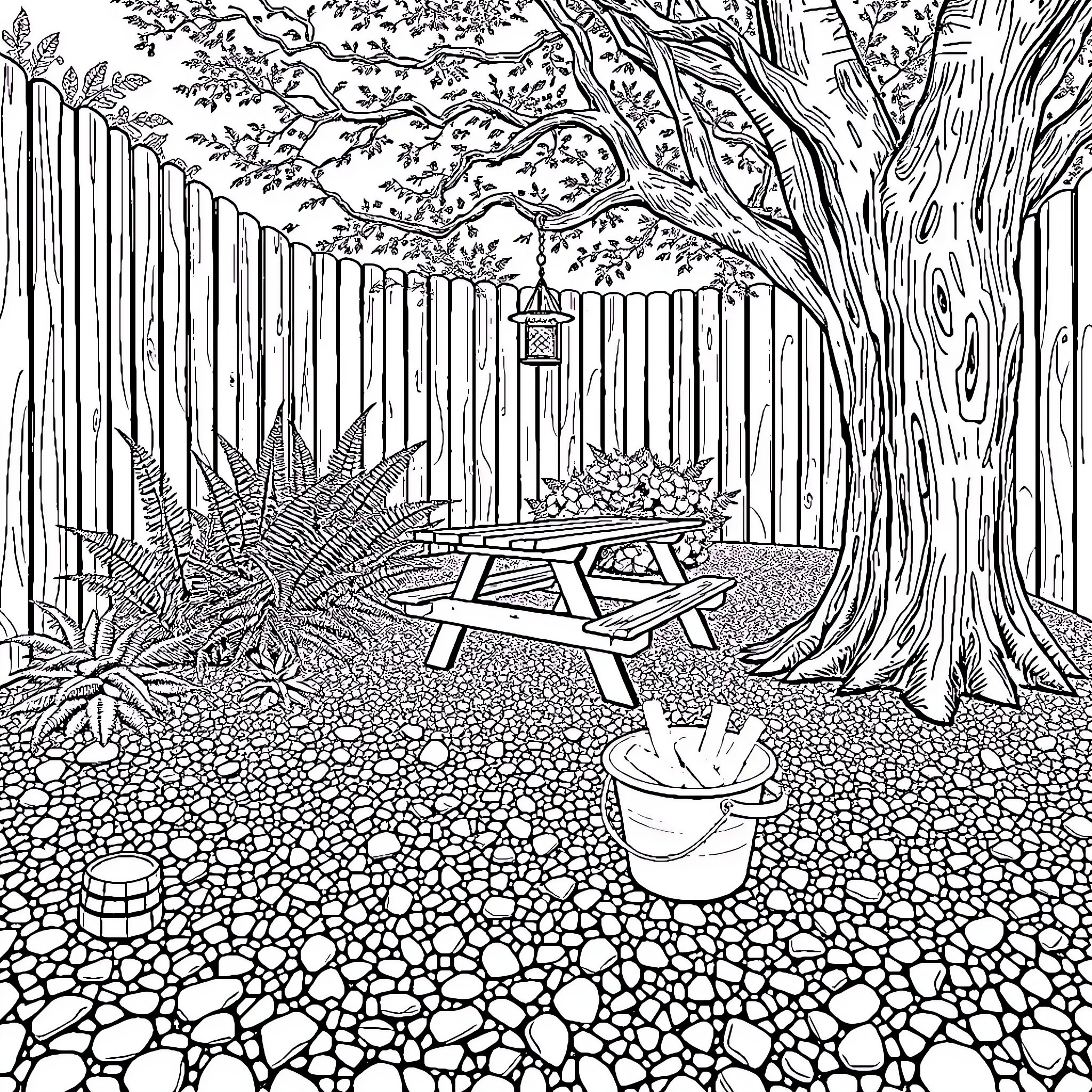 Garden Picnic Scene with Wooden Fence and Plants Coloring Page (free black-and-white line drawing printable PDF for all, from beginners to advanced learners, including children, teens, adults, and seniors)