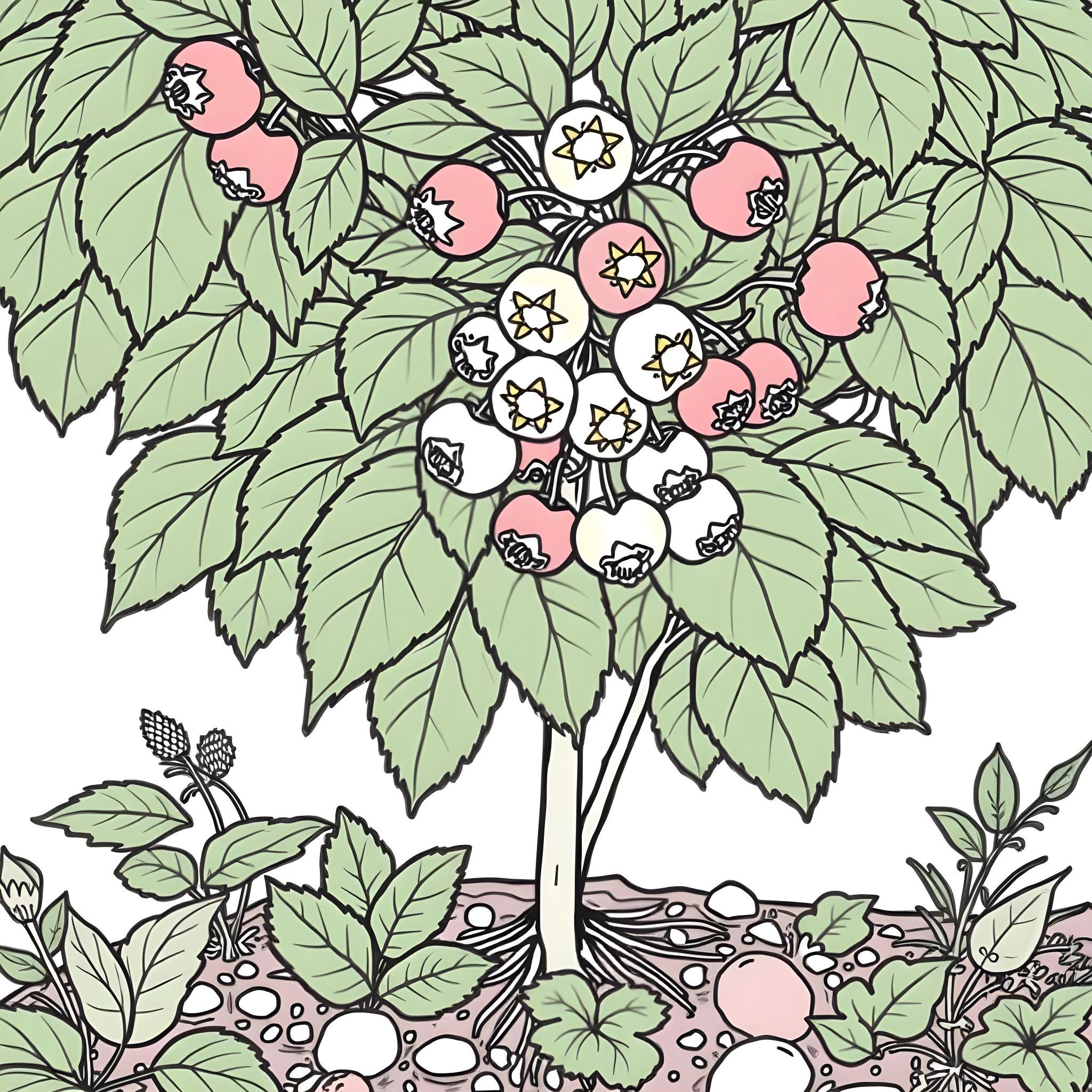 Cloudberry Blossoms in Lush Foliage Coloring Page (free black-and-white line drawing printable PDF for all, from beginners to advanced learners, including children, teens, adults, and seniors)