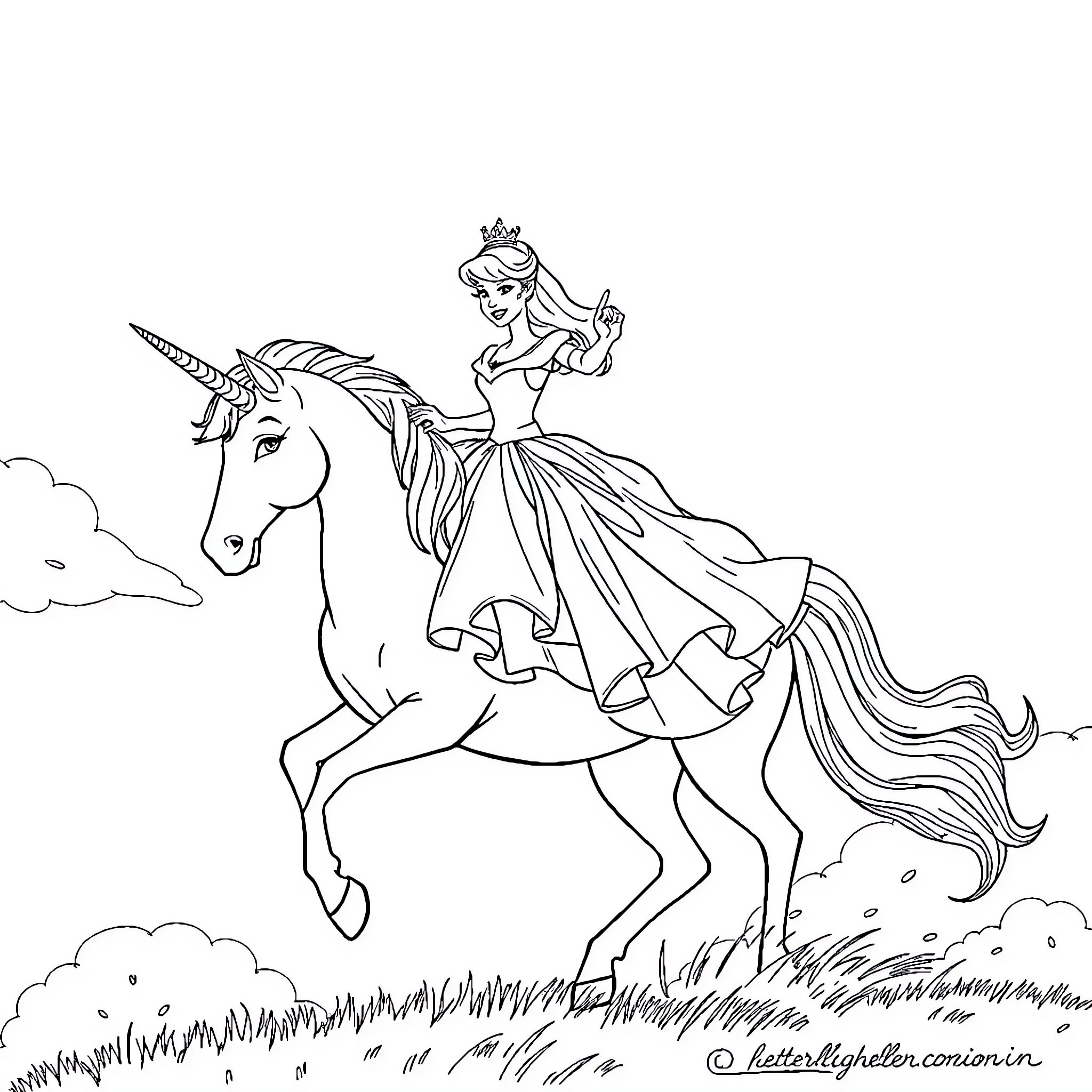 Cinderella riding a magical unicorn in the countryside Coloring Page (free black-and-white line drawing printable PDF for all, from beginners to advanced learners, including children, teens, adults, and seniors)