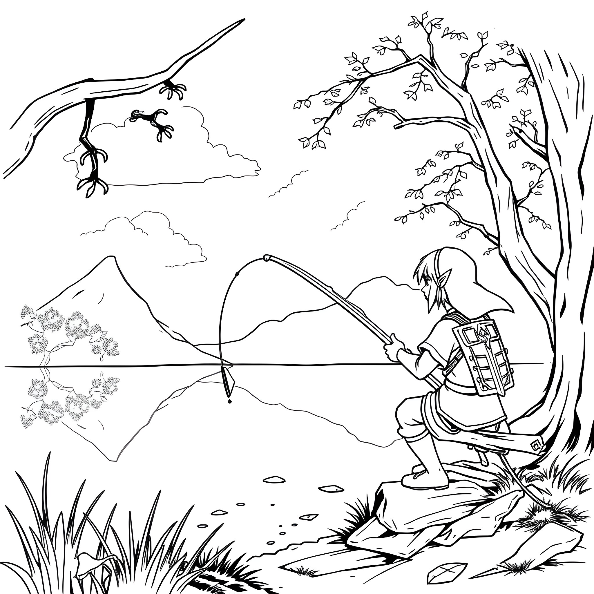Link Fishing by the Scenic Lake Coloring Page (free black-and-white line drawing printable PDF for all, from beginners to advanced learners, including children, teens, adults, and seniors)