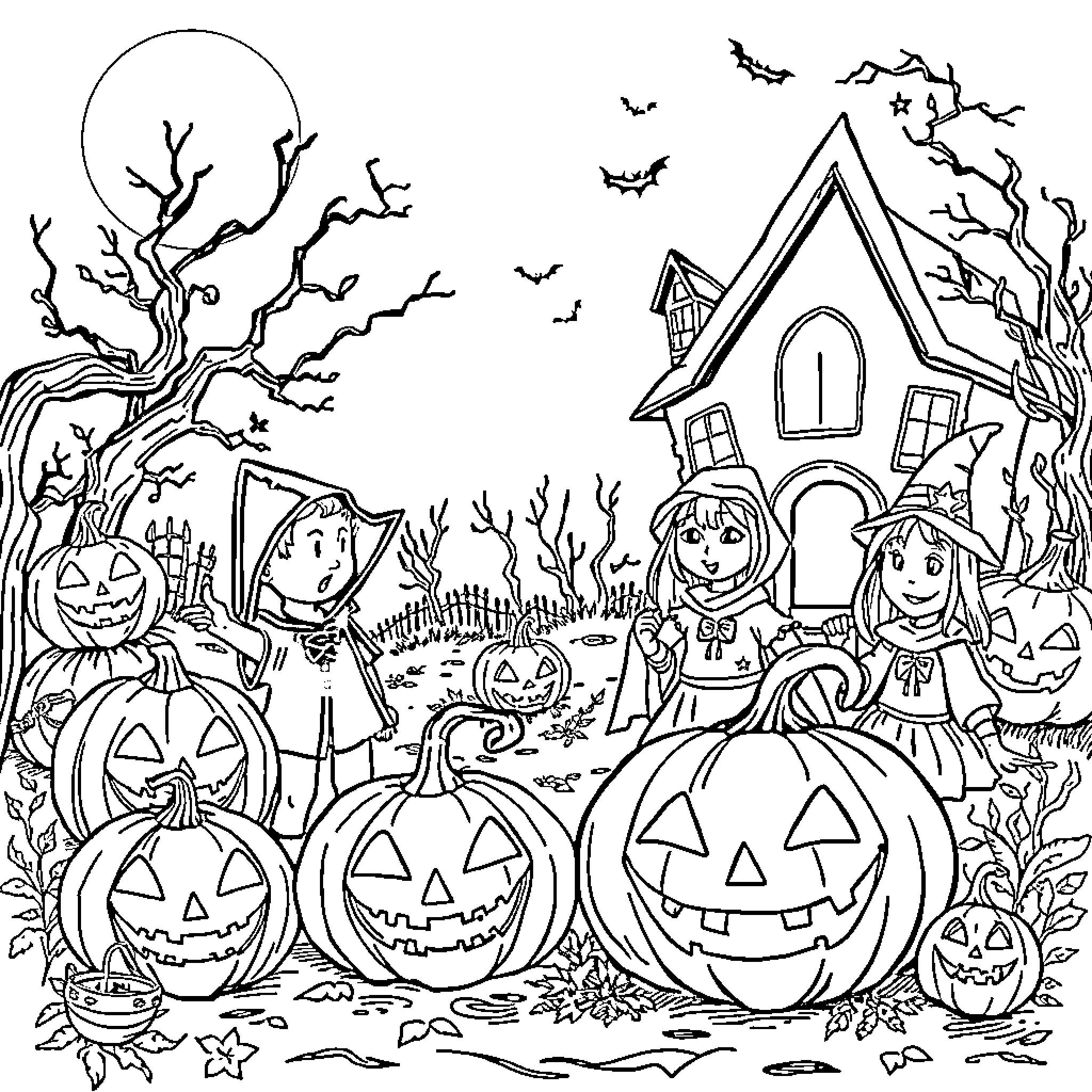 Halloween Celebration with Pumpkins, Costumes, and Haunted House Coloring Page (free black-and-white line drawing printable PDF for all, from beginners to advanced learners, including children, teens, adults, and seniors)