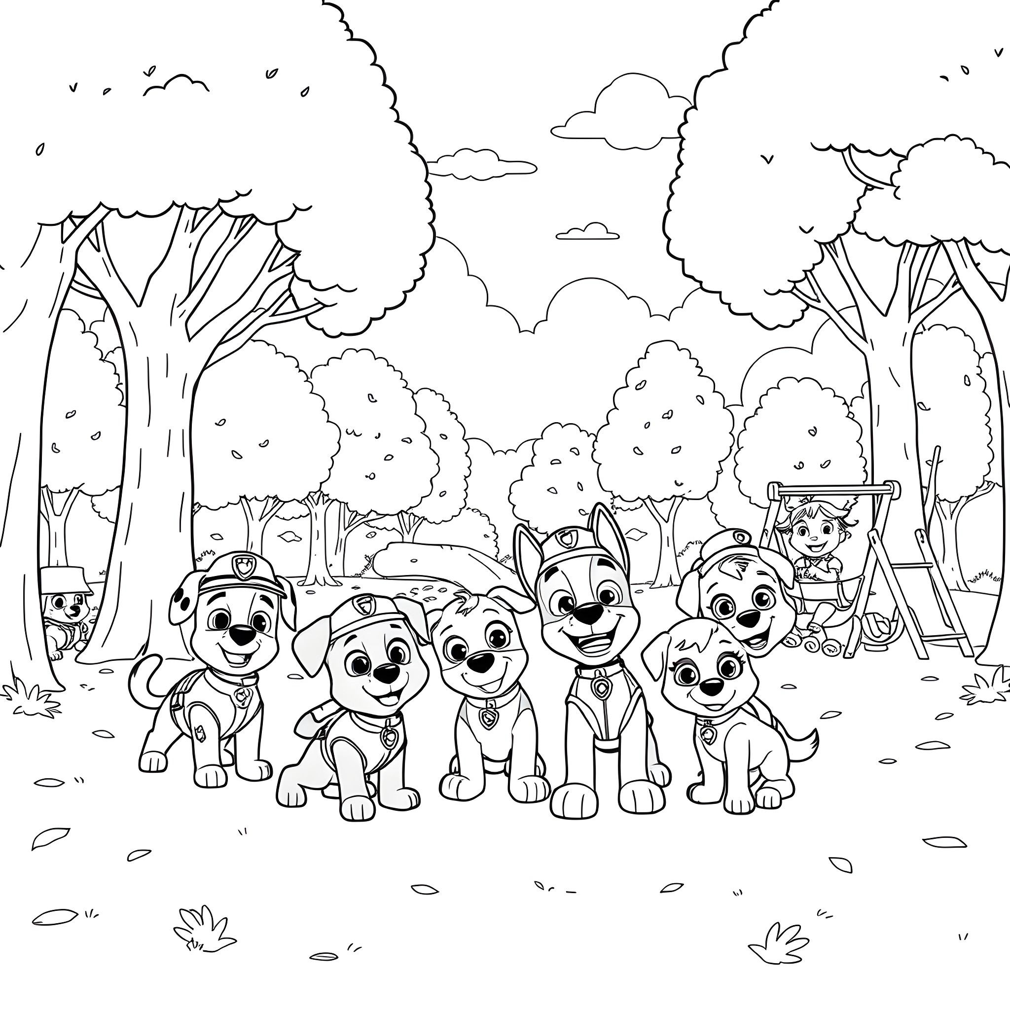 Paw Patrol pups exploring the great outdoors Coloring Page (free black-and-white line drawing printable PDF for all, from beginners to advanced learners, including children, teens, adults, and seniors)