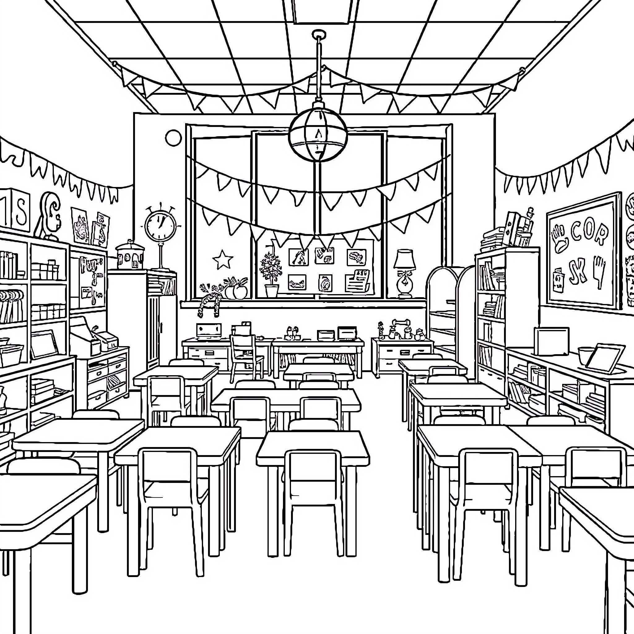 Kindergarten Classroom with Fun Decorations and Furniture Coloring Page (free black-and-white line drawing printable PDF for all, from beginners to advanced learners, including children, teens, adults, and seniors)