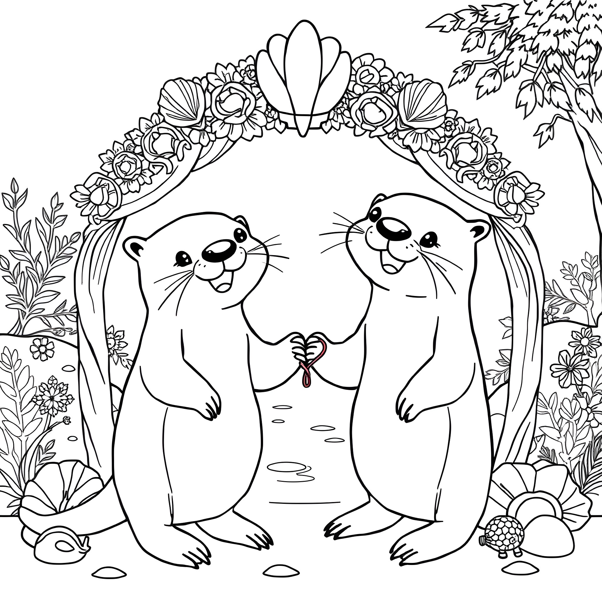 Otter pair enjoying a floral arch in nature Coloring Page (free black-and-white line drawing printable PDF for all, from beginners to advanced learners, including children, teens, adults, and seniors)