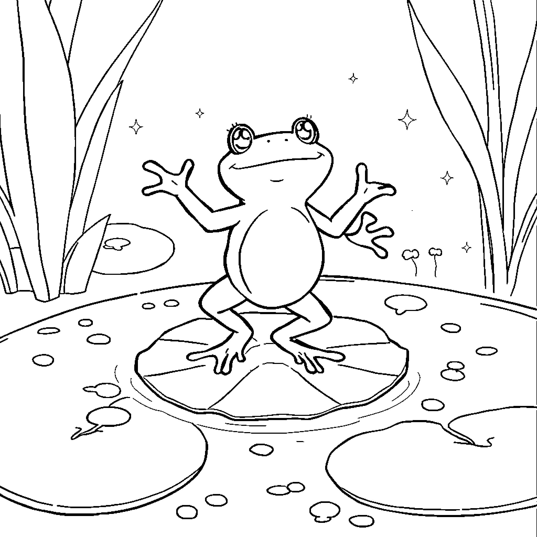Frog cheerfully sitting on a lily pad Coloring Page (free black-and-white line drawing printable PDF for all, from beginners to advanced learners, including children, teens, adults, and seniors)