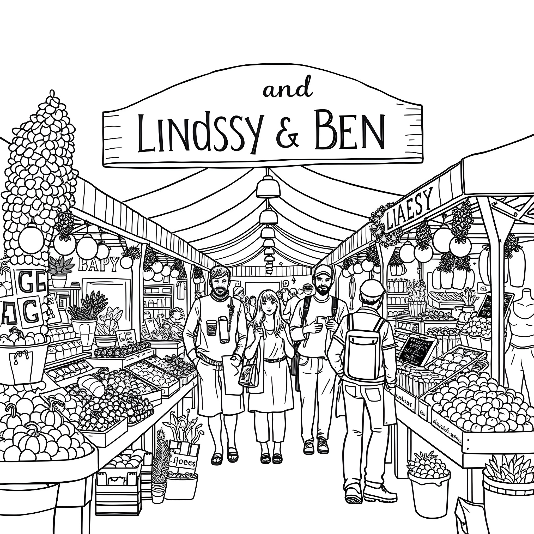 Farmers Market Bustling with Lively Scenes and Diverse Patrons Coloring Page (free black-and-white line drawing printable PDF for all, from beginners to advanced learners, including children, teens, adults, and seniors)