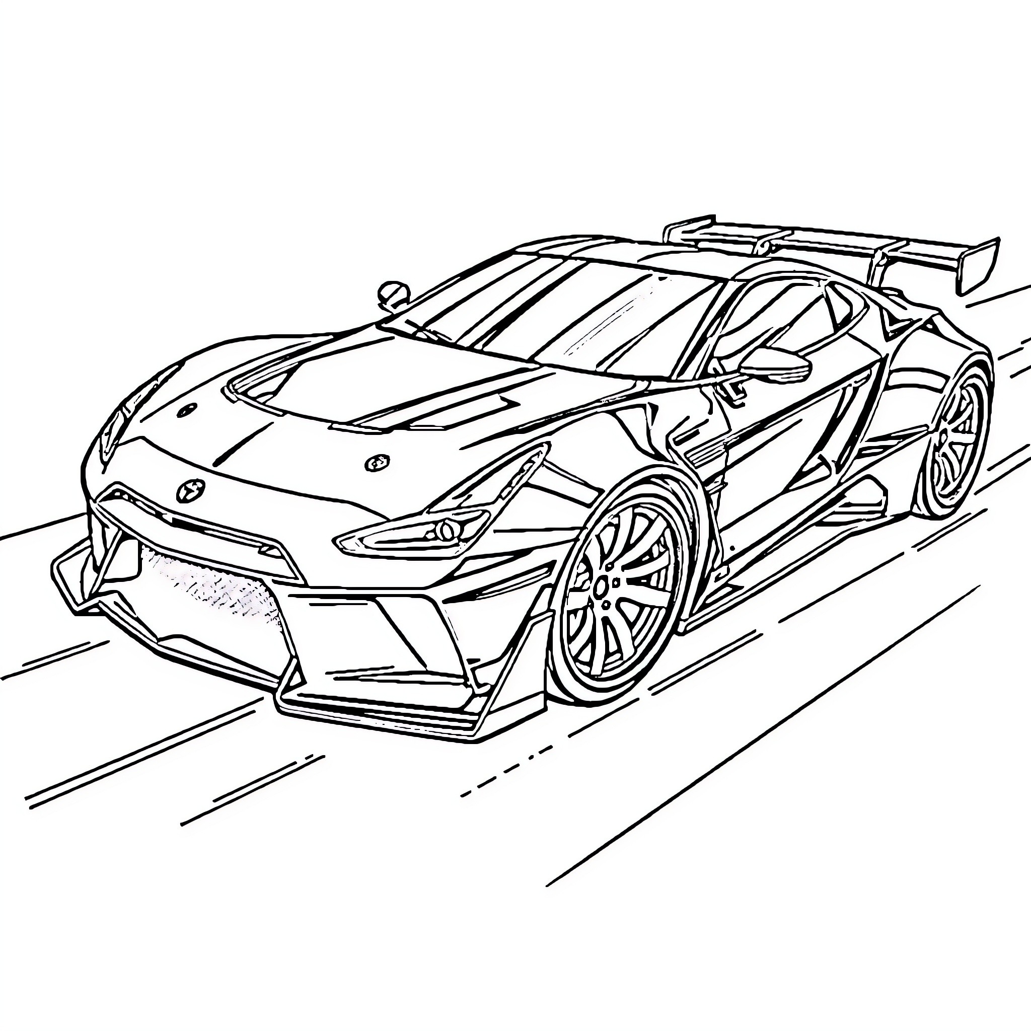 X Turbo Supercar Racing on the Track Coloring Page (free black-and-white line drawing printable PDF for all, from beginners to advanced learners, including children, teens, adults, and seniors)