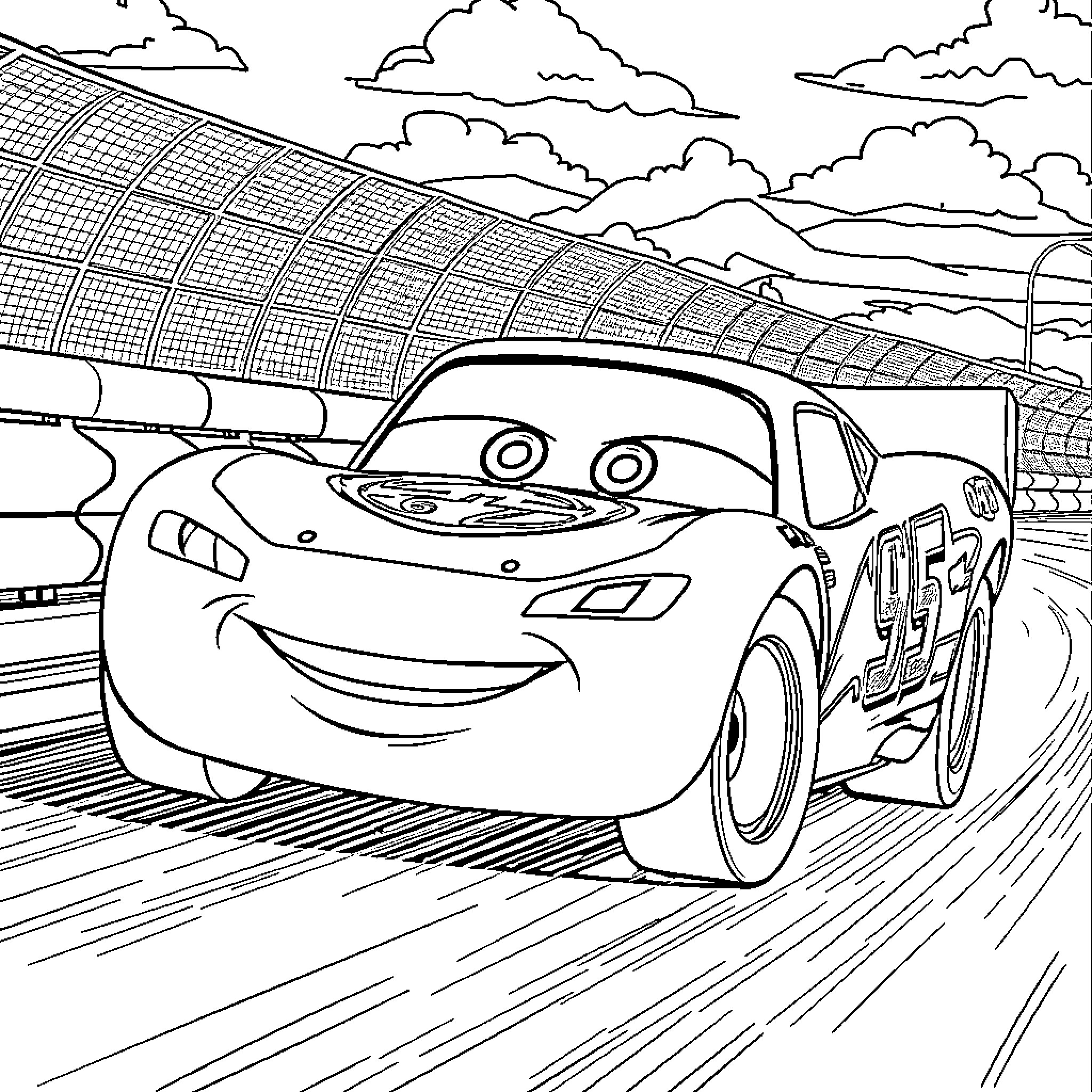 Lightning McQueen racing on the track Coloring Page (free black-and-white line drawing printable PDF for all, from beginners to advanced learners, including children, teens, adults, and seniors)