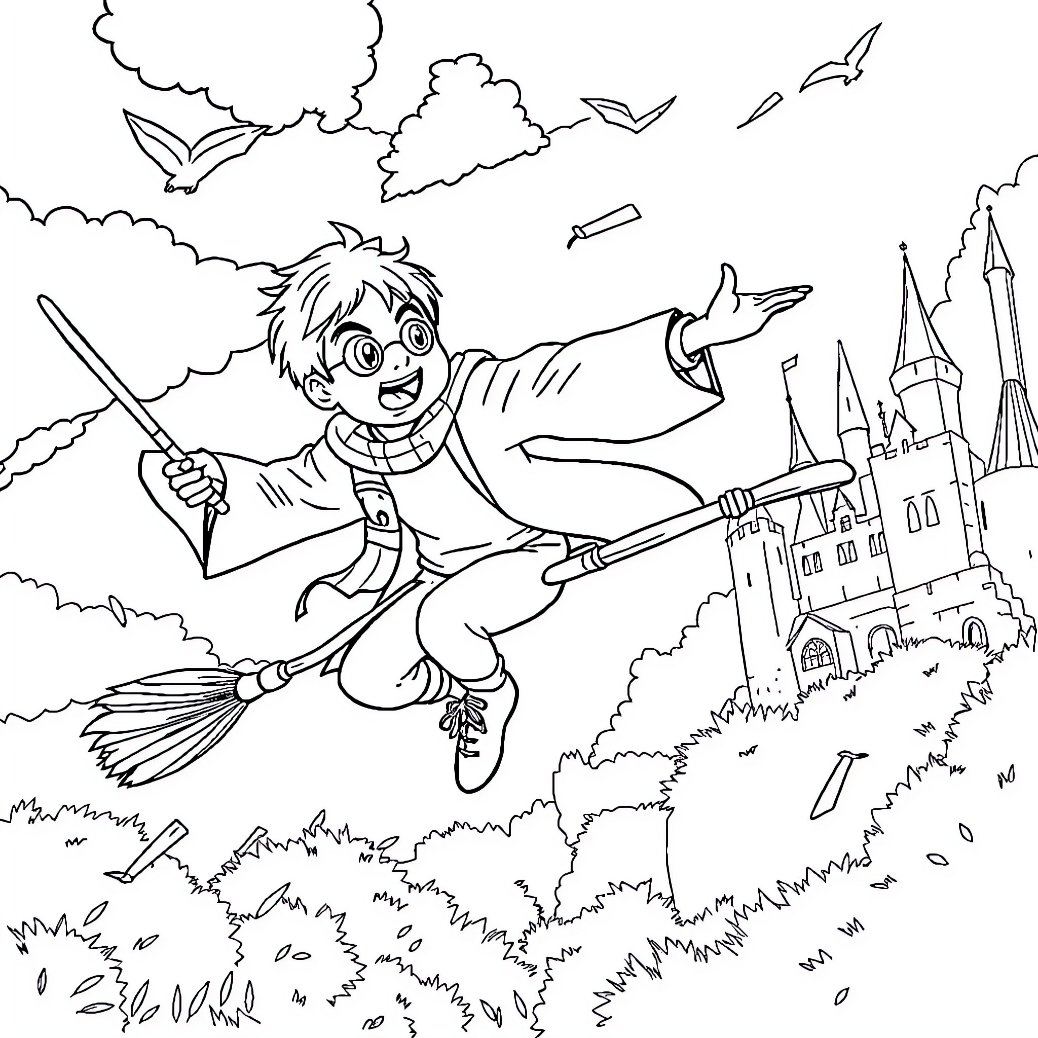 Ron Weasley Flying on a Broomstick Near Hogwarts Castle Coloring Page (free black-and-white line drawing printable PDF for all, from beginners to advanced learners, including children, teens, adults, and seniors)