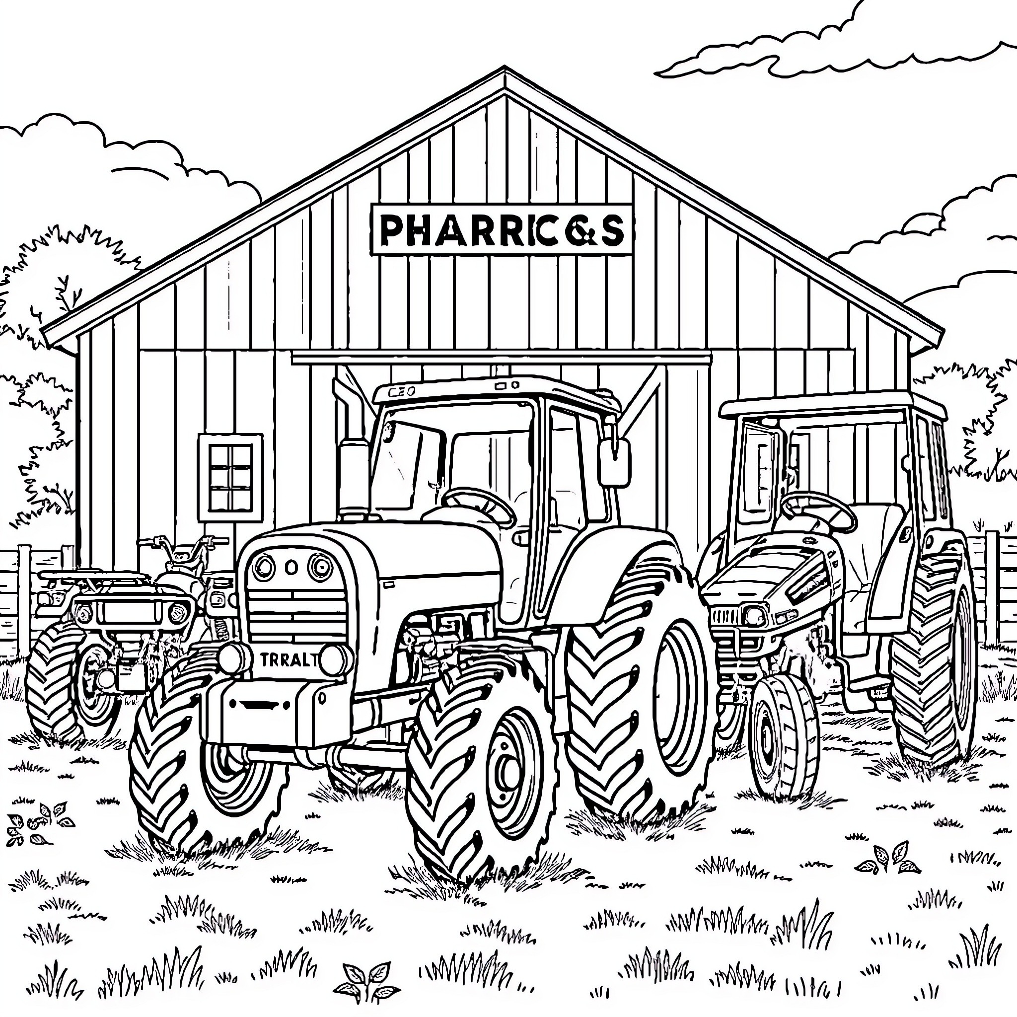 Tractor parked outside agricultural supply store Coloring Page (free black-and-white line drawing printable PDF for all, from beginners to advanced learners, including children, teens, adults, and seniors)