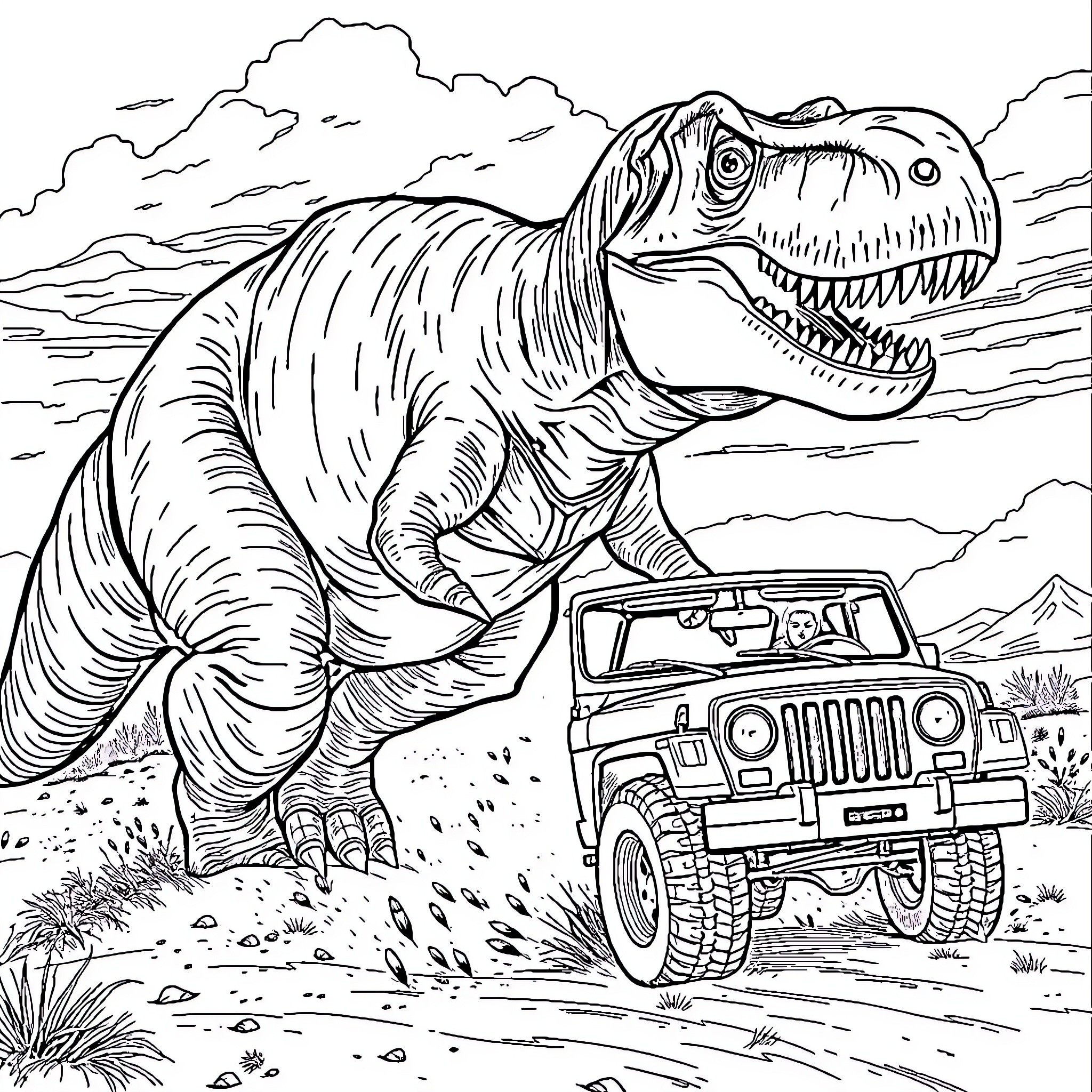 Tyrannosaurus chasing off-road vehicle in the wild Coloring Page (free black-and-white line drawing printable PDF for all, from beginners to advanced learners, including children, teens, adults, and seniors)
