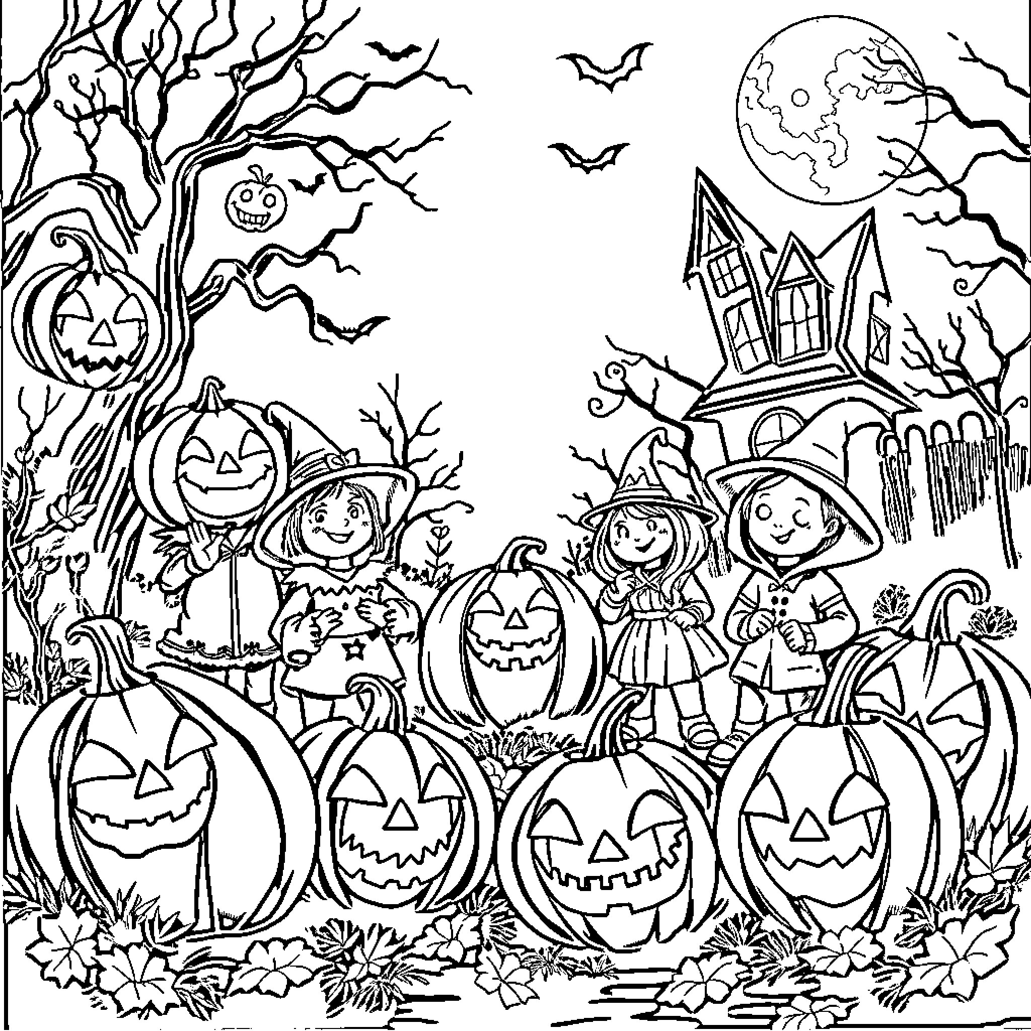 Halloween Kids Trick-or-Treating in Spooky Neighborhood Coloring Page (free black-and-white line drawing printable PDF for all, from beginners to advanced learners, including children, teens, adults, and seniors)