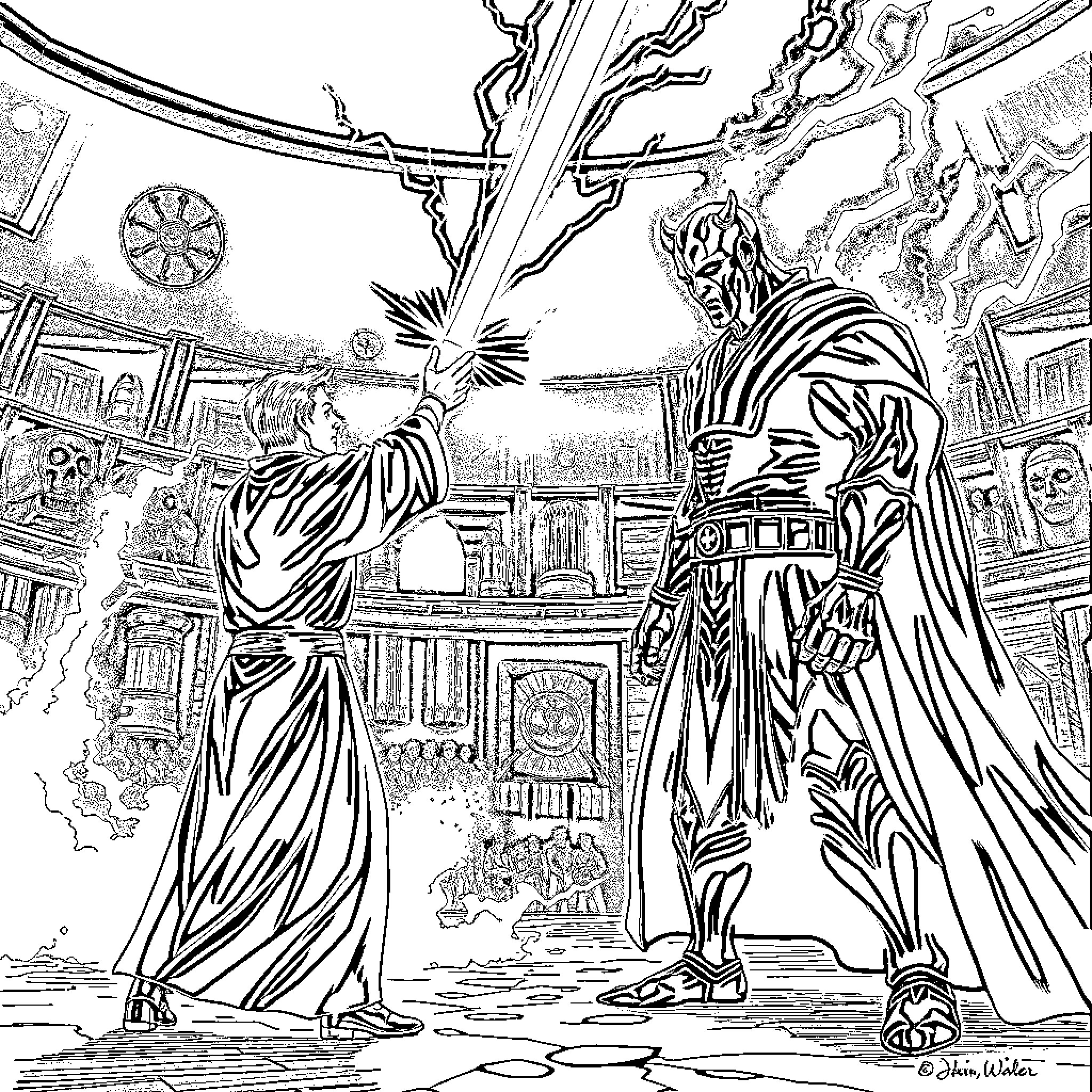 Anakin Skywalker's Epic Confrontation in Dark Robes Coloring Page (free black-and-white line drawing printable PDF for all, from beginners to advanced learners, including children, teens, adults, and seniors)