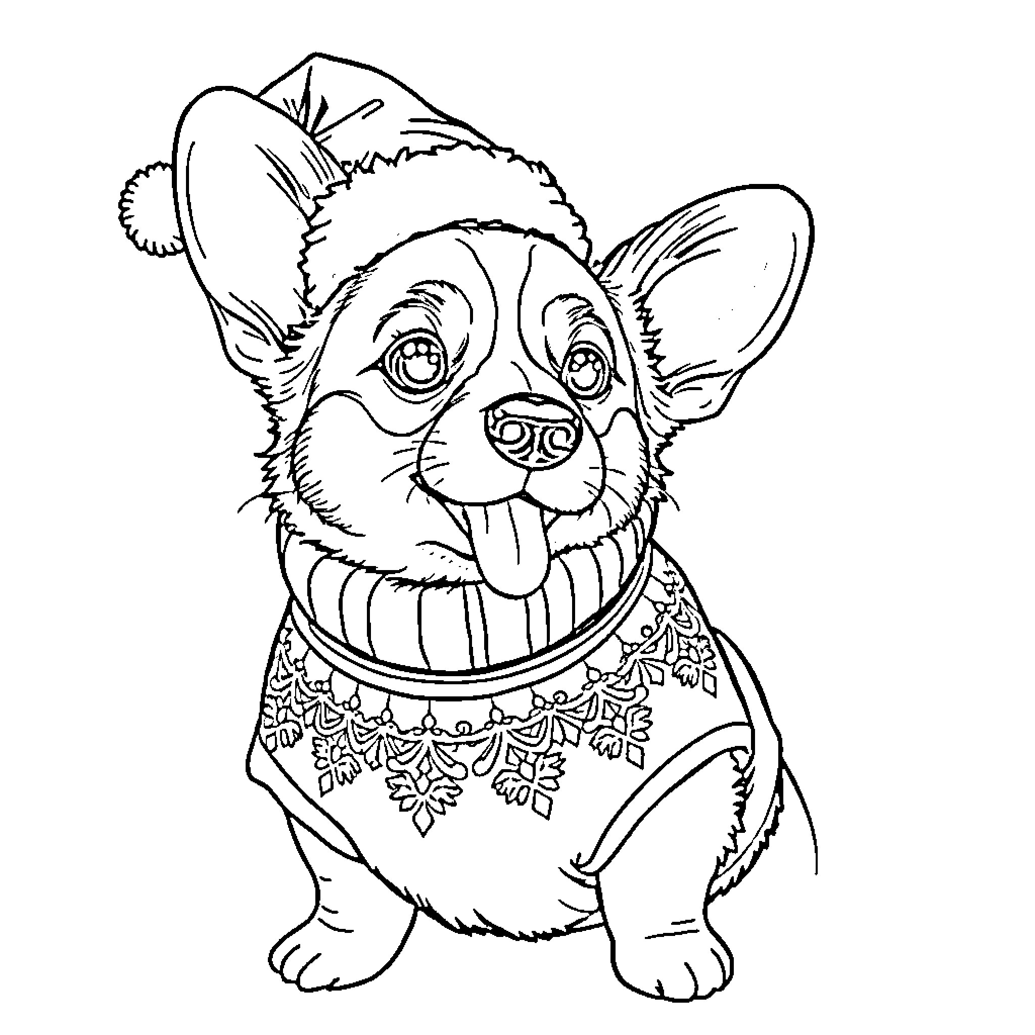 Corgi wearing festive holiday attire Coloring Page (free black-and-white line drawing printable PDF for all, from beginners to advanced learners, including children, teens, adults, and seniors)
