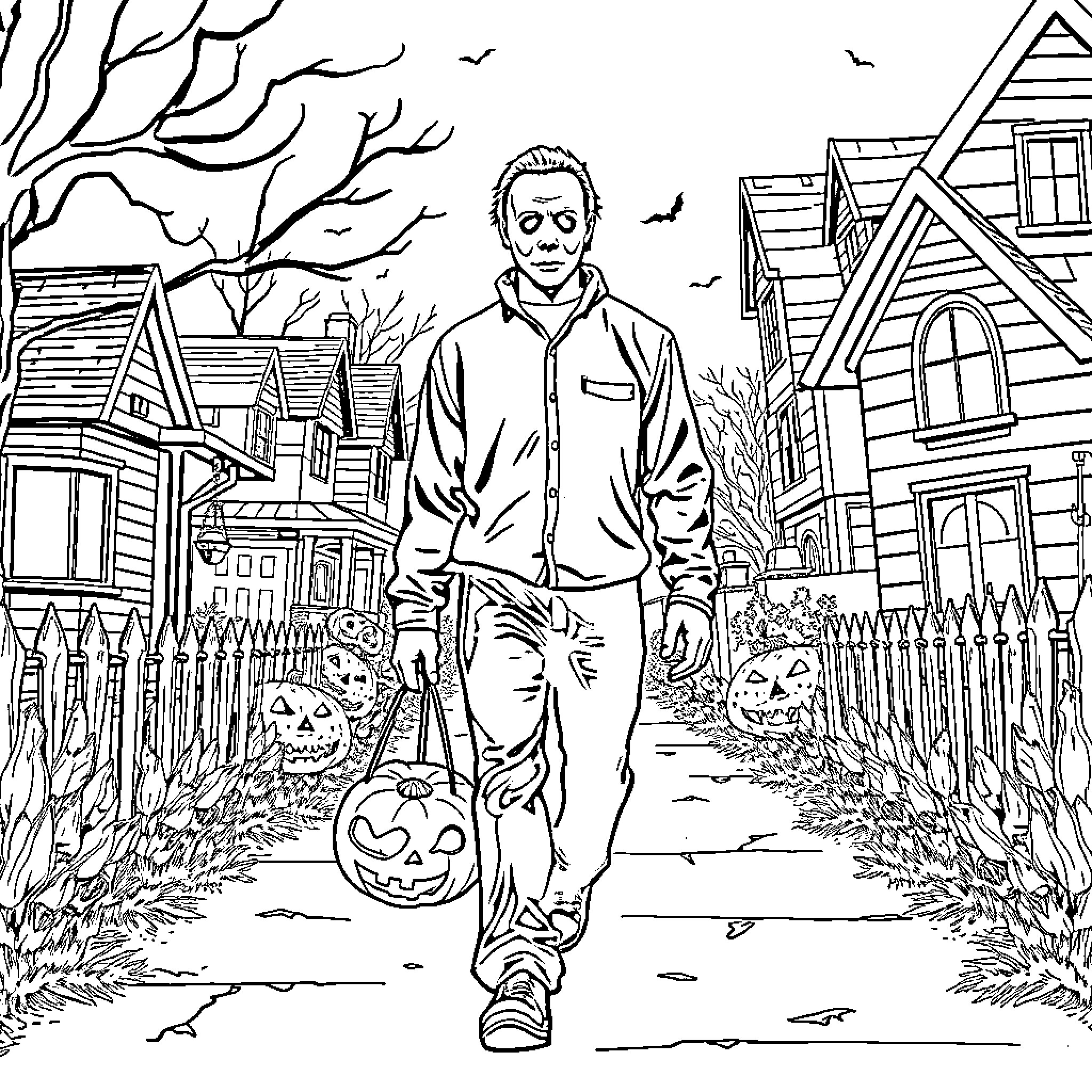 Michael Myers Trick-or-Treating on Halloween Night Coloring Page (free black-and-white line drawing printable PDF for all, from beginners to advanced learners, including children, teens, adults, and seniors)
