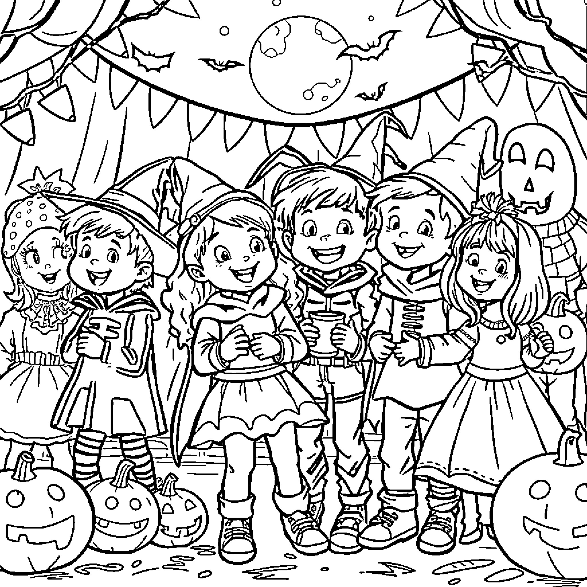 Kids dressed up for Halloween party Coloring Page (free black-and-white line drawing printable PDF for all, from beginners to advanced learners, including children, teens, adults, and seniors)