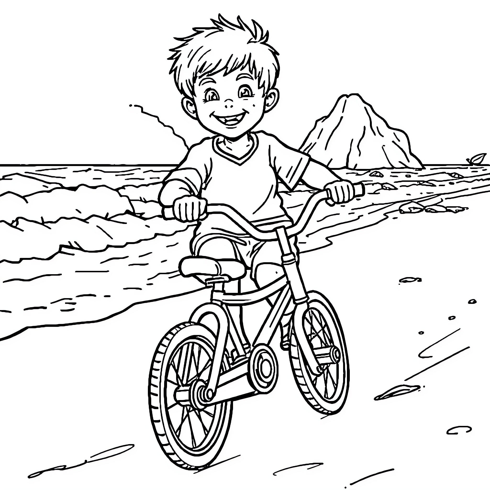 Boy riding bicycle on rocky terrain Coloring Page (free black-and-white line drawing printable PDF for all, from beginners to advanced learners, including children, teens, adults, and seniors)