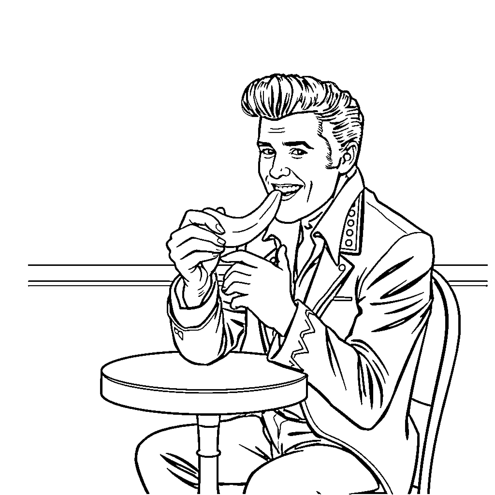 Elvis Presley enjoying a meal in diner scene Coloring Page (free black-and-white line drawing printable PDF for all, from beginners to advanced learners, including children, teens, adults, and seniors)