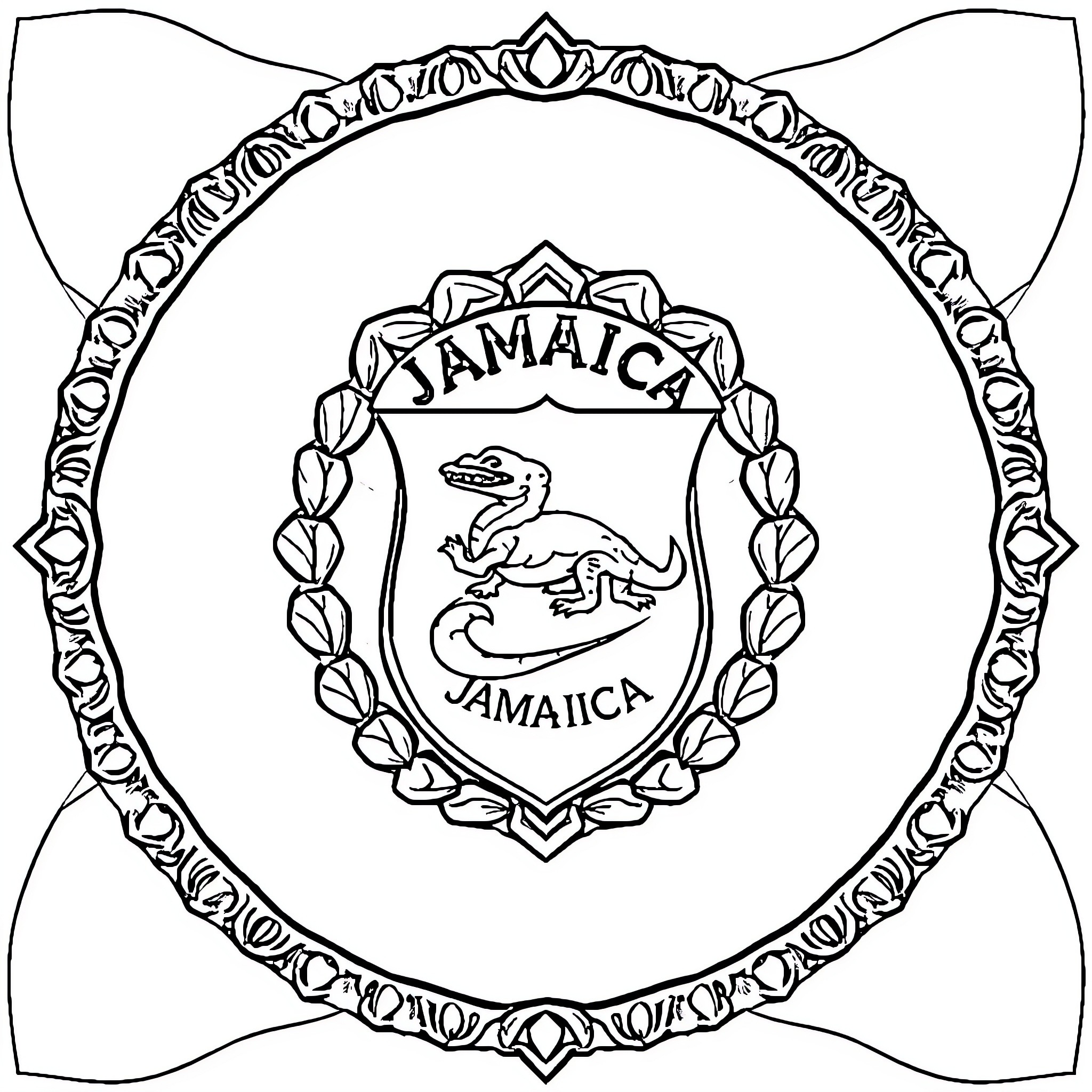 Coat of Arms featuring heraldic imagery of Jamaica Coloring Page (free black-and-white line drawing printable PDF for all, from beginners to advanced learners, including children, teens, adults, and seniors)