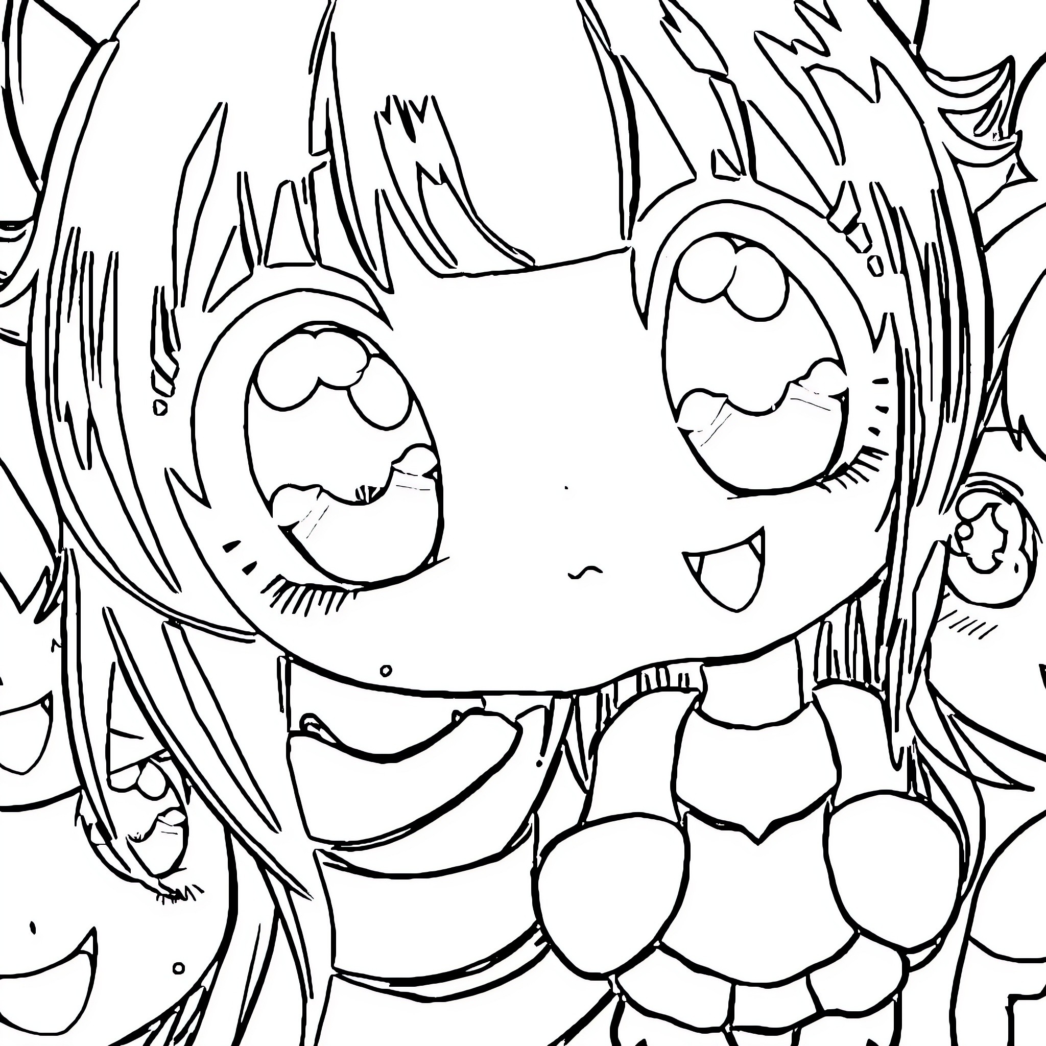 Anime Girl with Unique Facial Features Coloring Page (free black-and-white line drawing printable PDF for all, from beginners to advanced learners, including children, teens, adults, and seniors)