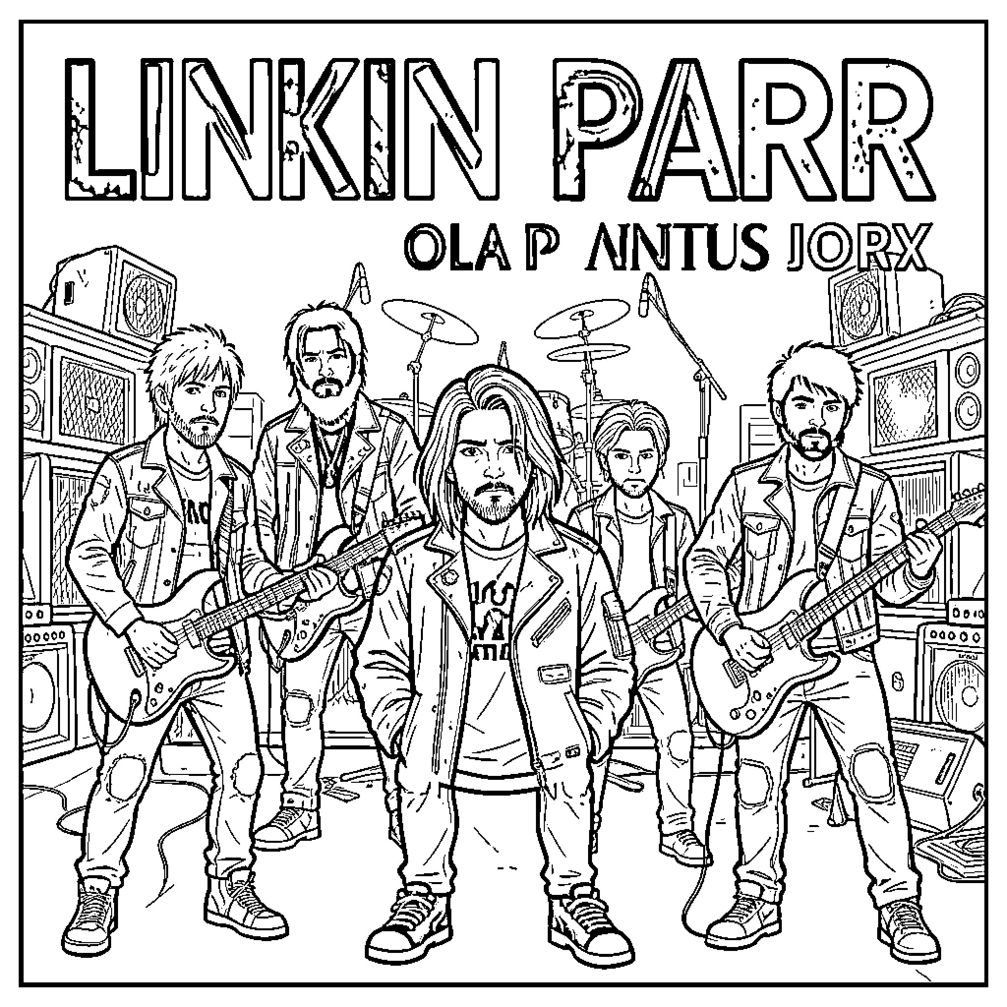 Linkin Parr band members posing with musical instruments Coloring Page (free black-and-white line drawing printable PDF for all, from beginners to advanced learners, including children, teens, adults, and seniors)