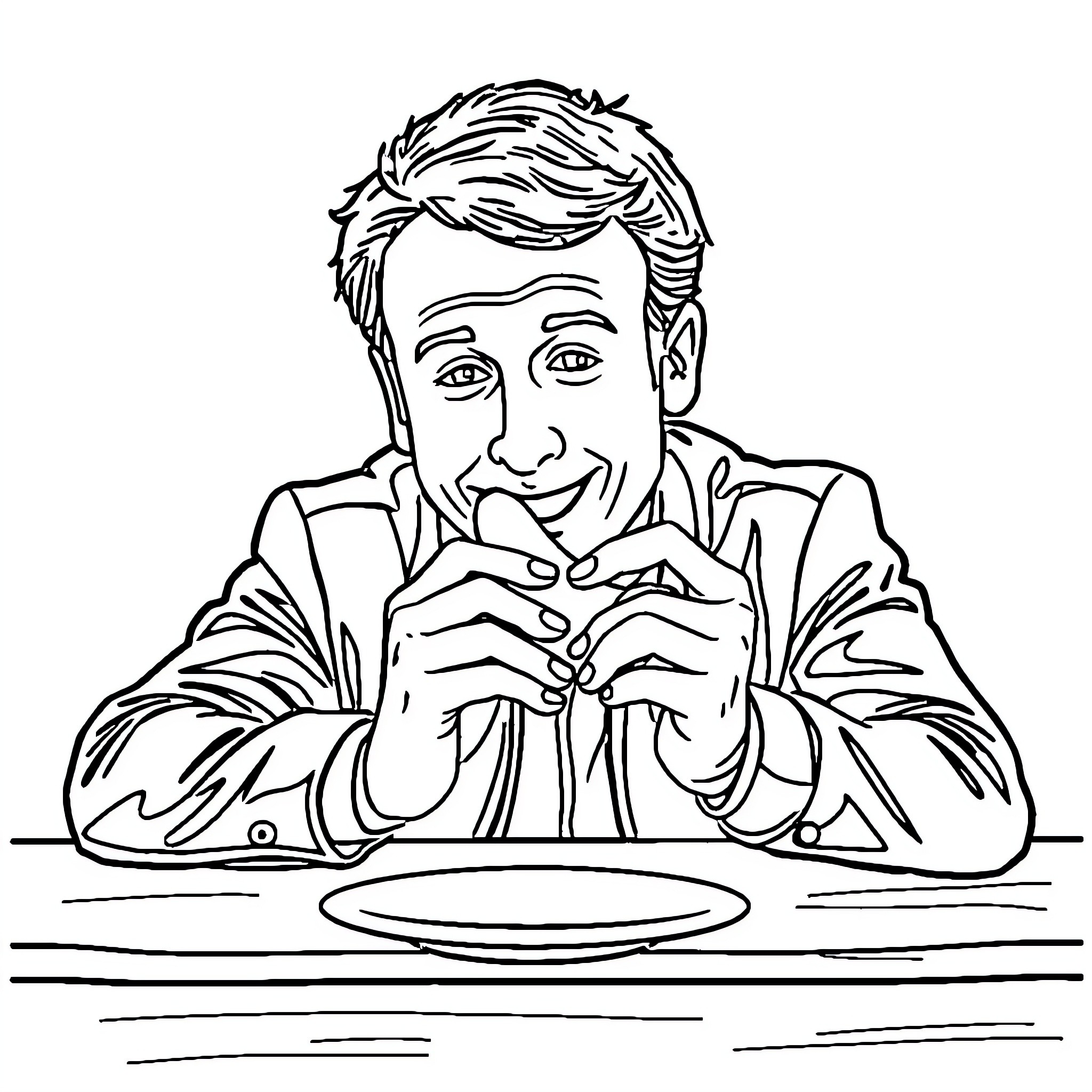 Macron Thoughtfully Engaged at a Table Coloring Page (free black-and-white line drawing printable PDF for all, from beginners to advanced learners, including children, teens, adults, and seniors)