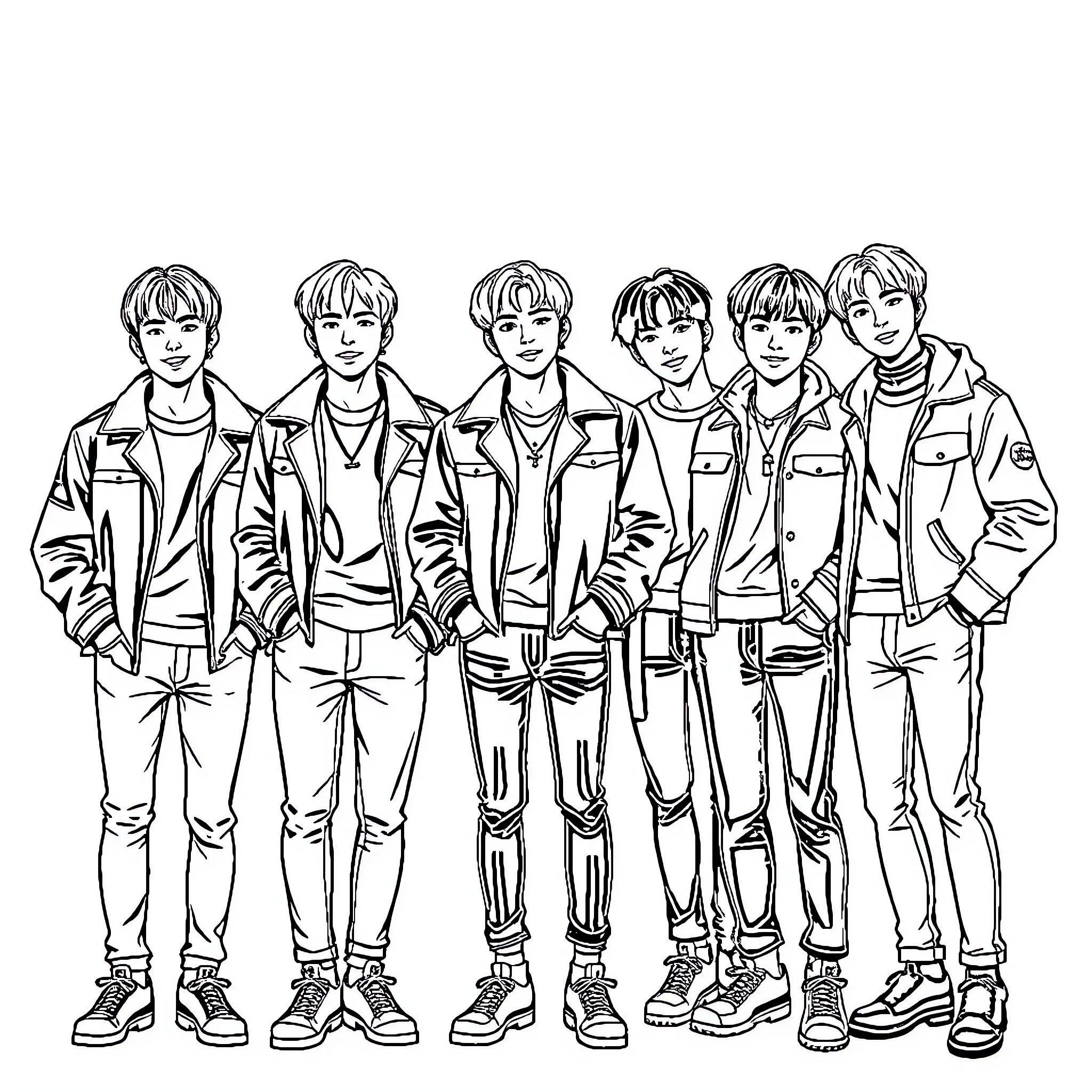 BTS Group Portrait in Casual Attire Coloring Page (free black-and-white line drawing printable PDF for all, from beginners to advanced learners, including children, teens, adults, and seniors)