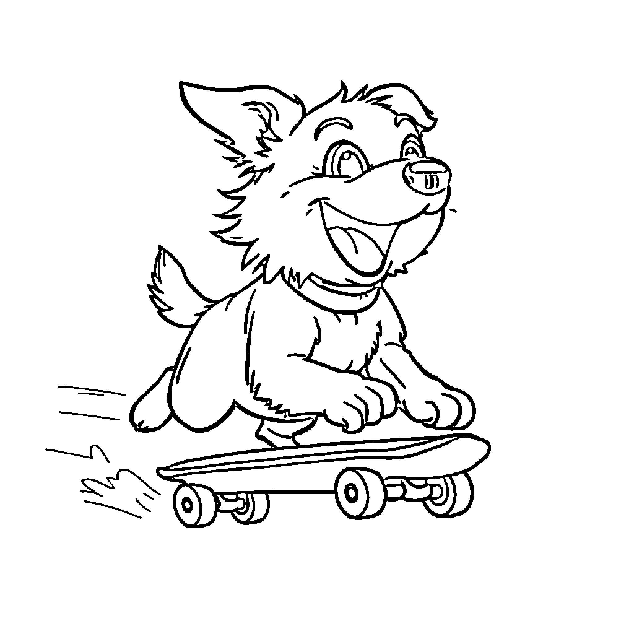 Dog riding skateboard happily Coloring Page (free black-and-white line drawing printable PDF for all, from beginners to advanced learners, including children, teens, adults, and seniors)
