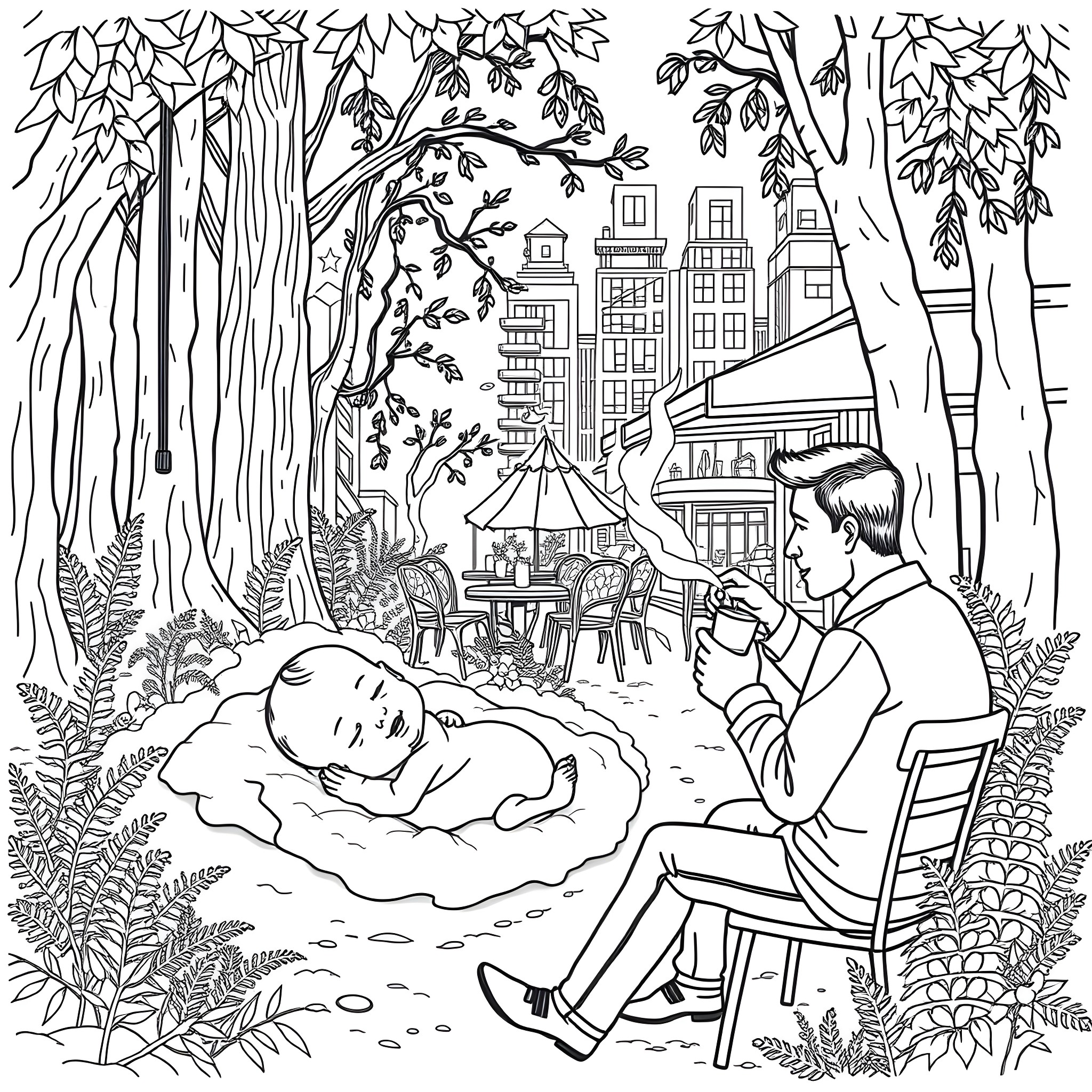 Baby sleeping peacefully in natural garden setting Coloring Page (free black-and-white line drawing printable PDF for all, from beginners to advanced learners, including children, teens, adults, and seniors)