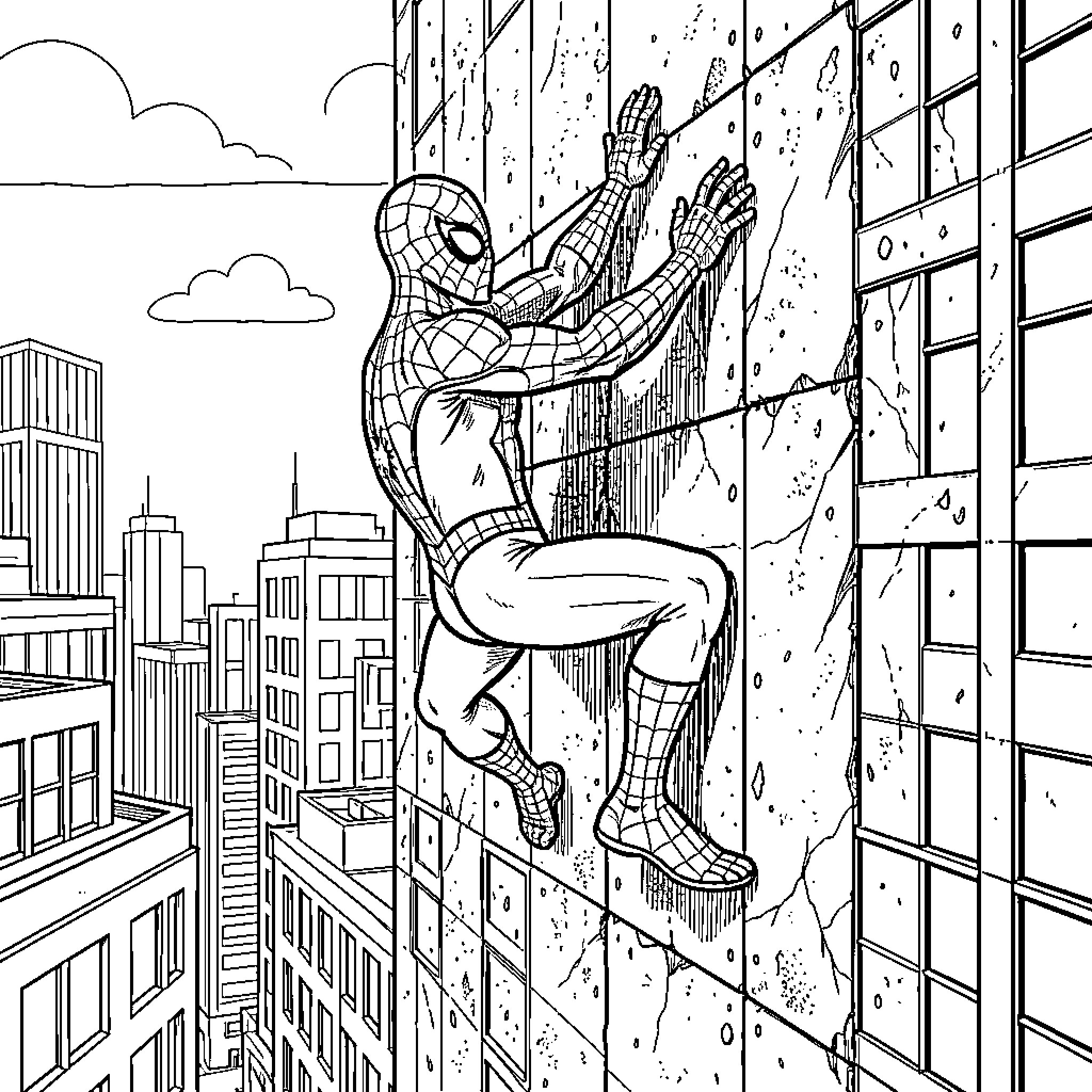 Spiderman climbing up a tall city building Coloring Page (free black-and-white line drawing printable PDF for all, from beginners to advanced learners, including children, teens, adults, and seniors)