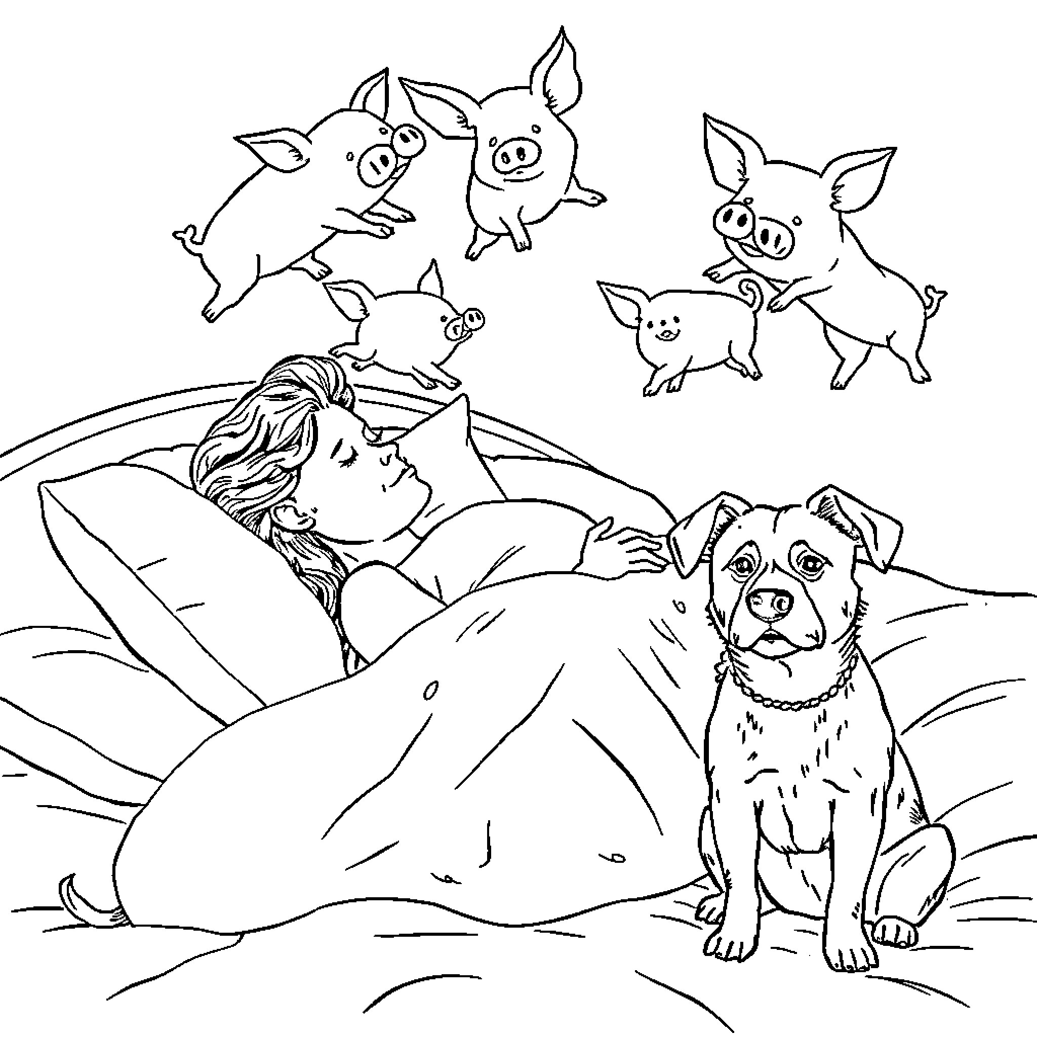 Woman resting with pet dog and playful pigs Coloring Page (free black-and-white line drawing printable PDF for all, from beginners to advanced learners, including children, teens, adults, and seniors)