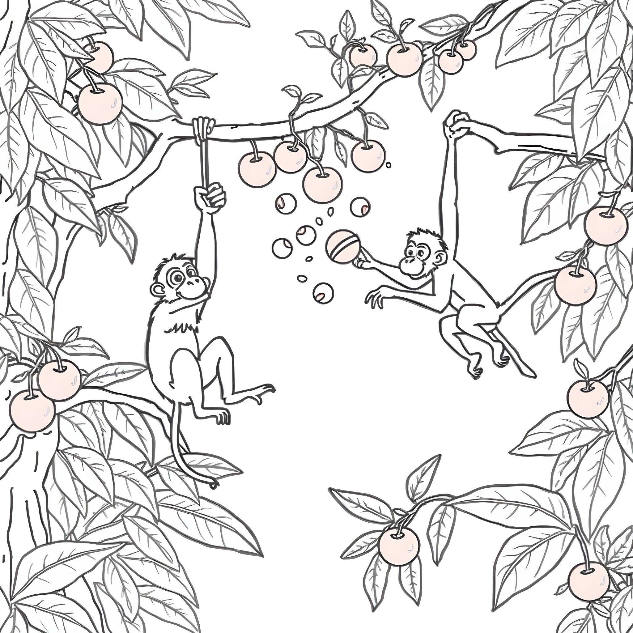 Monkeys playing and swinging on fruit trees Coloring Page (free black-and-white line drawing printable PDF for all, from beginners to advanced learners, including children, teens, adults, and seniors)