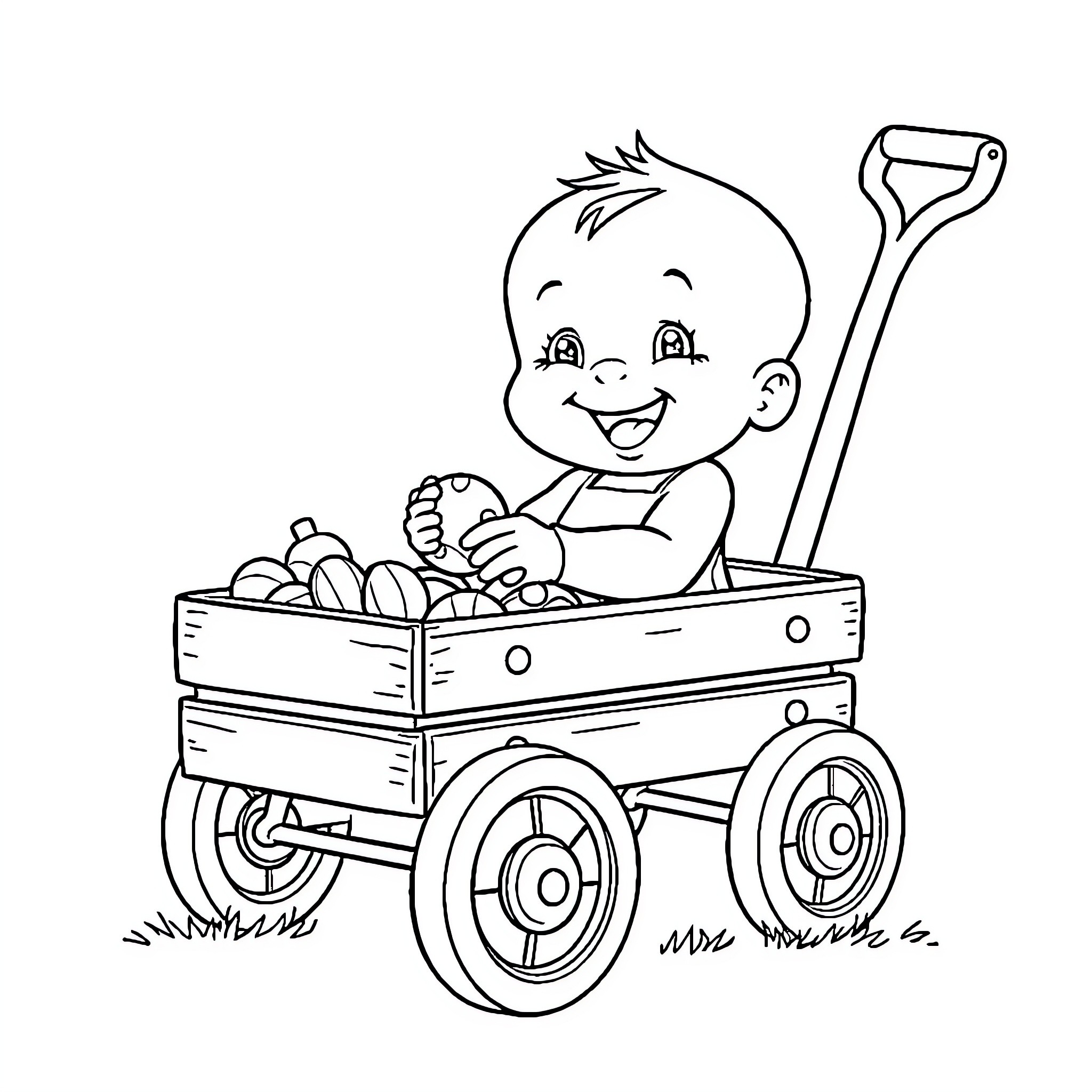 Baby playing happily in a wagon Coloring Page (free black-and-white line drawing printable PDF for all, from beginners to advanced learners, including children, teens, adults, and seniors)