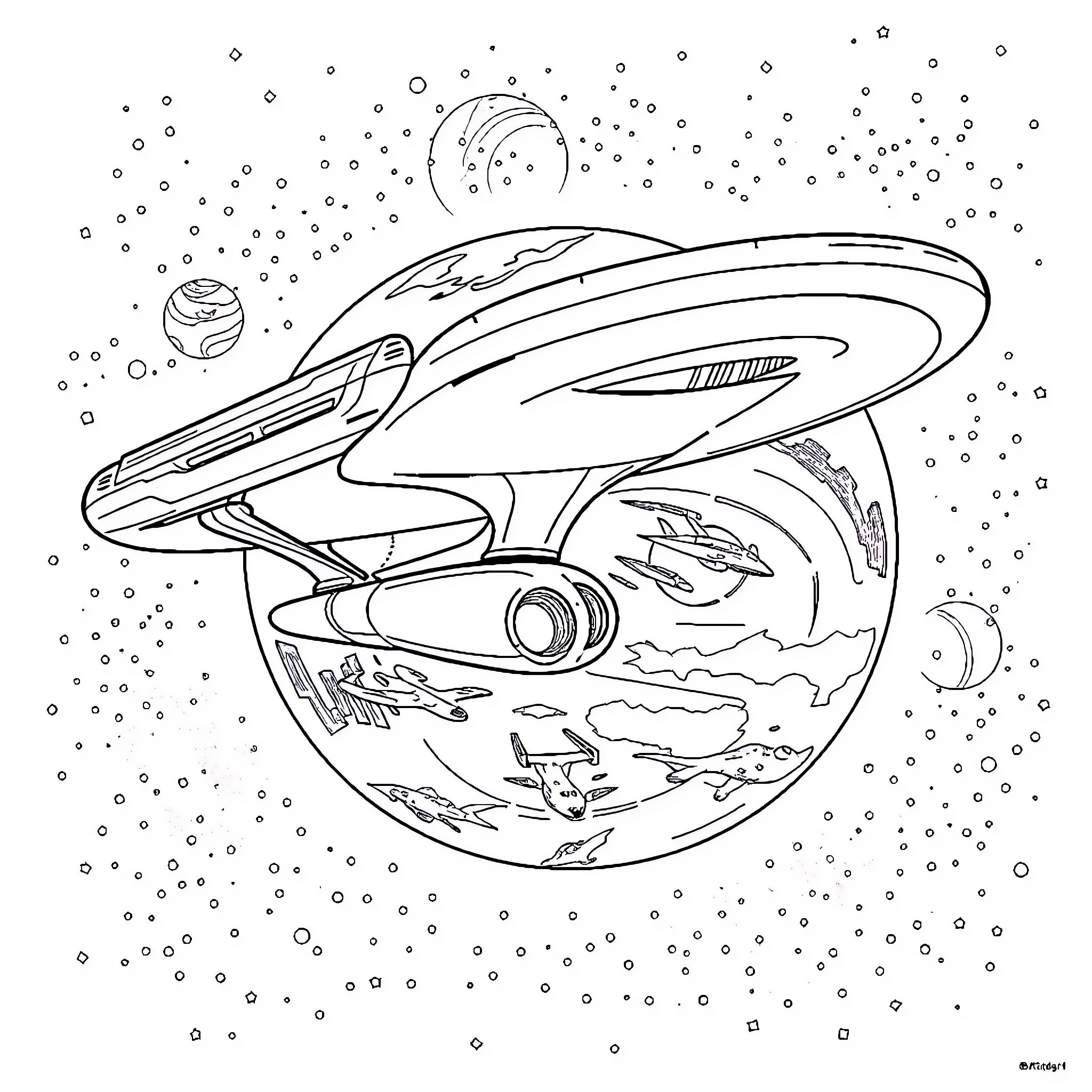 USS Enterprise Soaring Through Cosmic Space Coloring Page (free black-and-white line drawing printable PDF for all, from beginners to advanced learners, including children, teens, adults, and seniors)