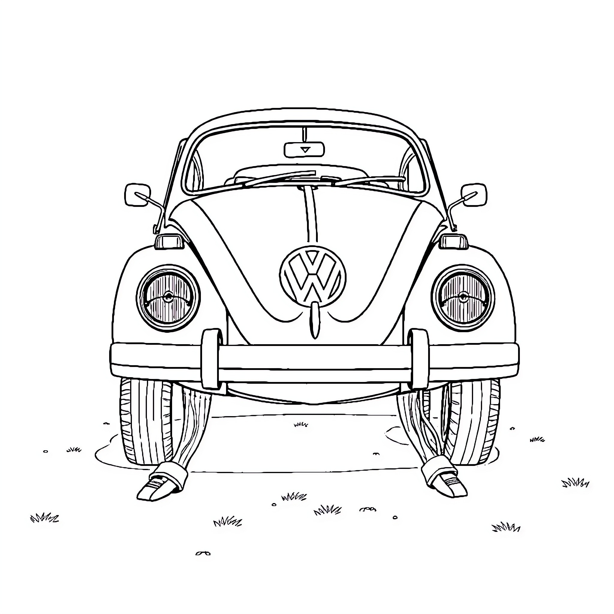 VW Bug parked on grassy field Coloring Page (free black-and-white line drawing printable PDF for all, from beginners to advanced learners, including children, teens, adults, and seniors)