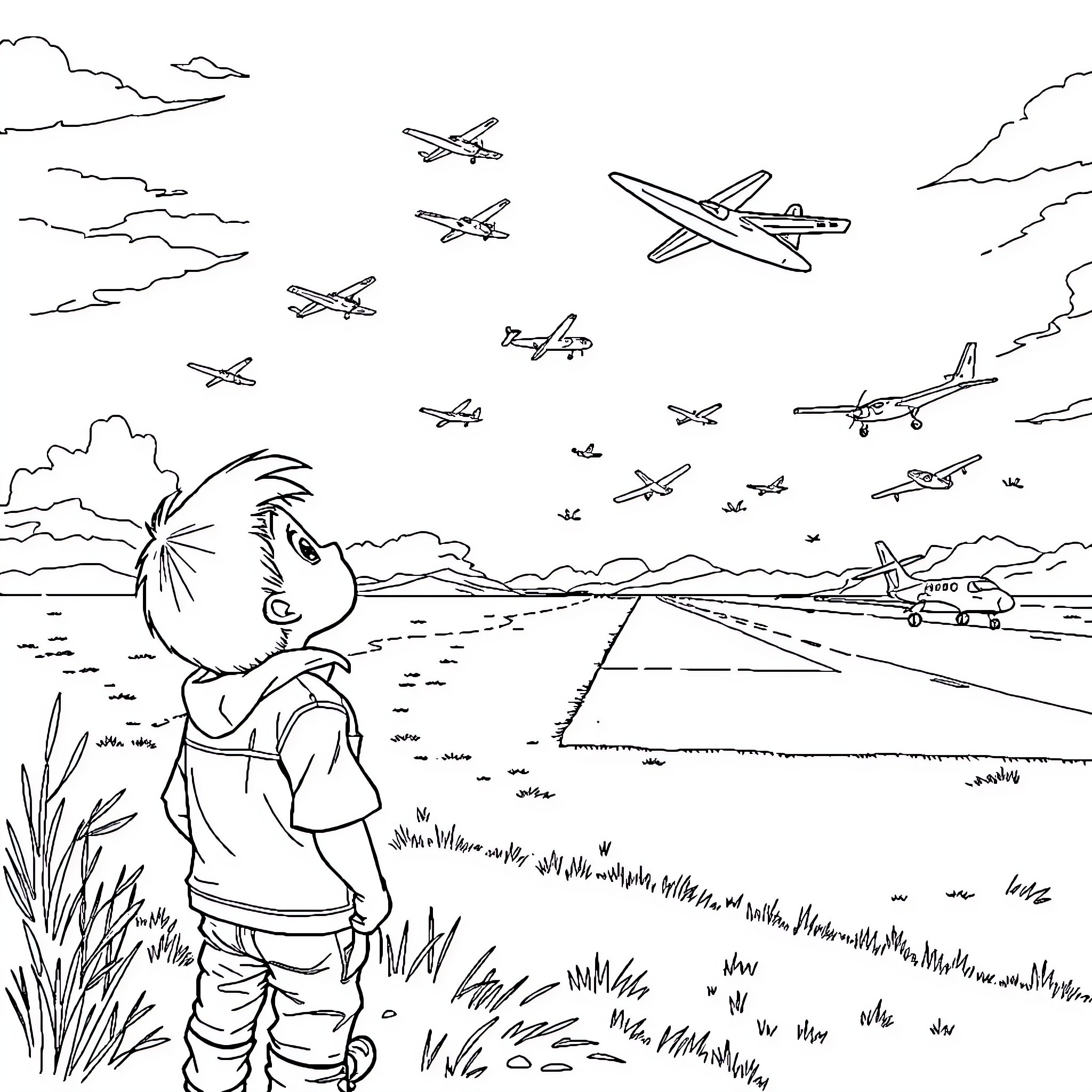 Boy watches airplanes soar through the sky Coloring Page (free black-and-white line drawing printable PDF for all, from beginners to advanced learners, including children, teens, adults, and seniors)