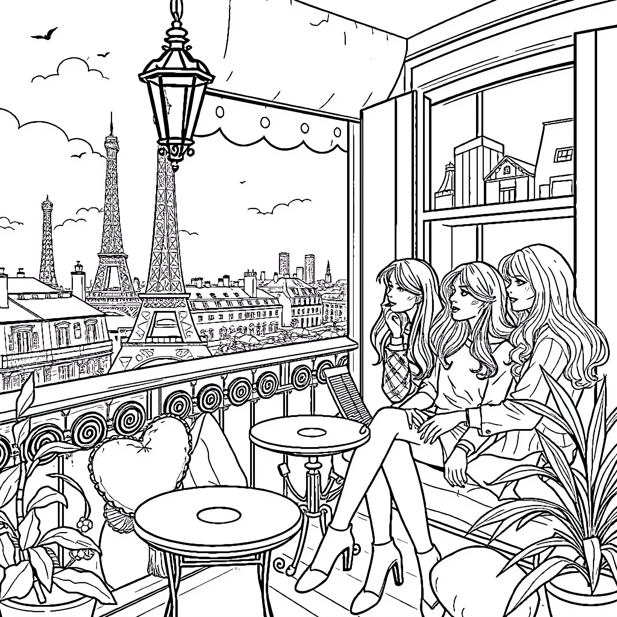 Spice Girls on a Parisian Balcony Coloring Page (free black-and-white line drawing printable PDF for all, from beginners to advanced learners, including children, teens, adults, and seniors)