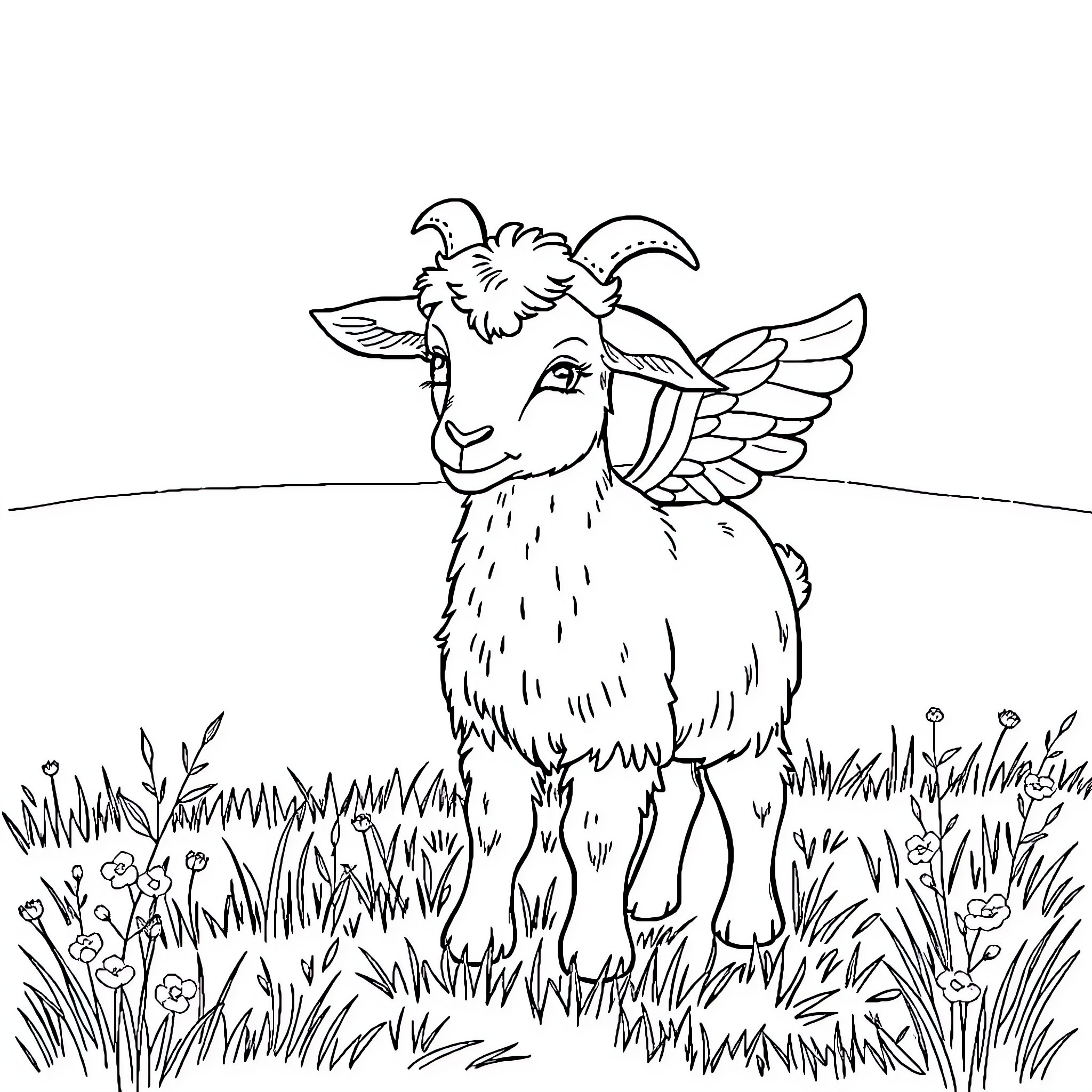 Goat with whimsical wings in a meadow Coloring Page (free black-and-white line drawing printable PDF for all, from beginners to advanced learners, including children, teens, adults, and seniors)
