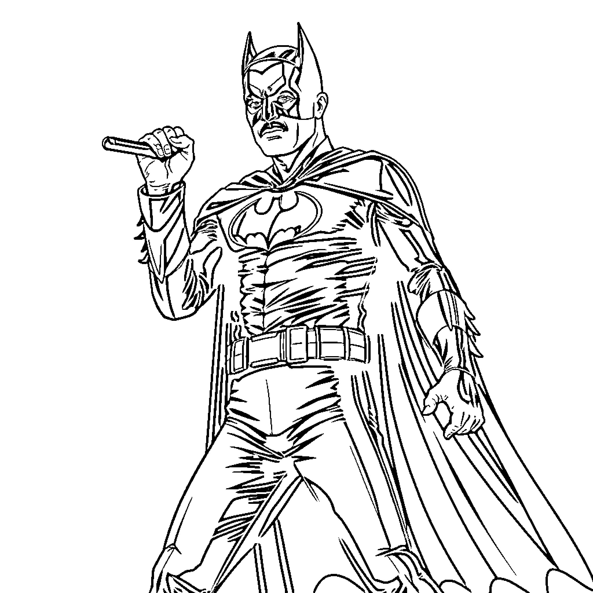 Freddie Mercury as Batman in heroic pose Coloring Page (free black-and-white line drawing printable PDF for all, from beginners to advanced learners, including children, teens, adults, and seniors)