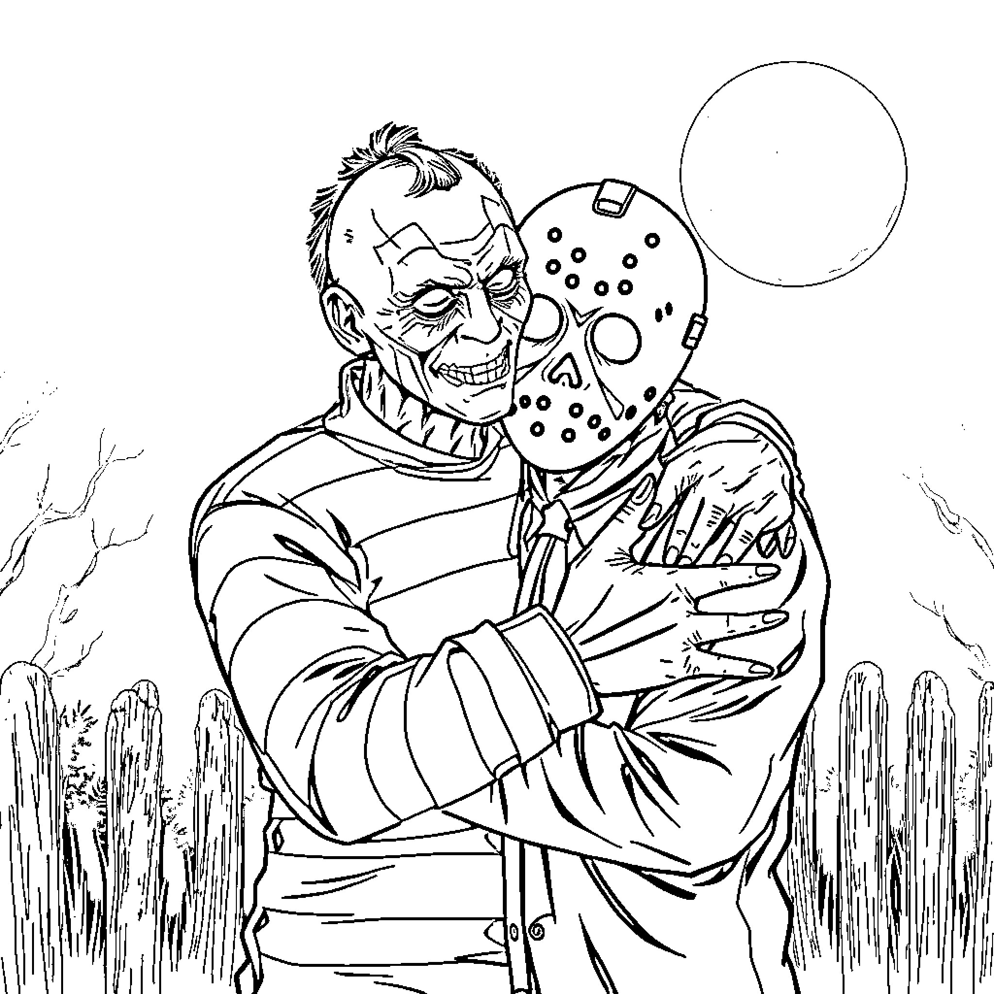 Freddy Krueger in a Menacing Pose Coloring Page (free black-and-white line drawing printable PDF for all, from beginners to advanced learners, including children, teens, adults, and seniors)