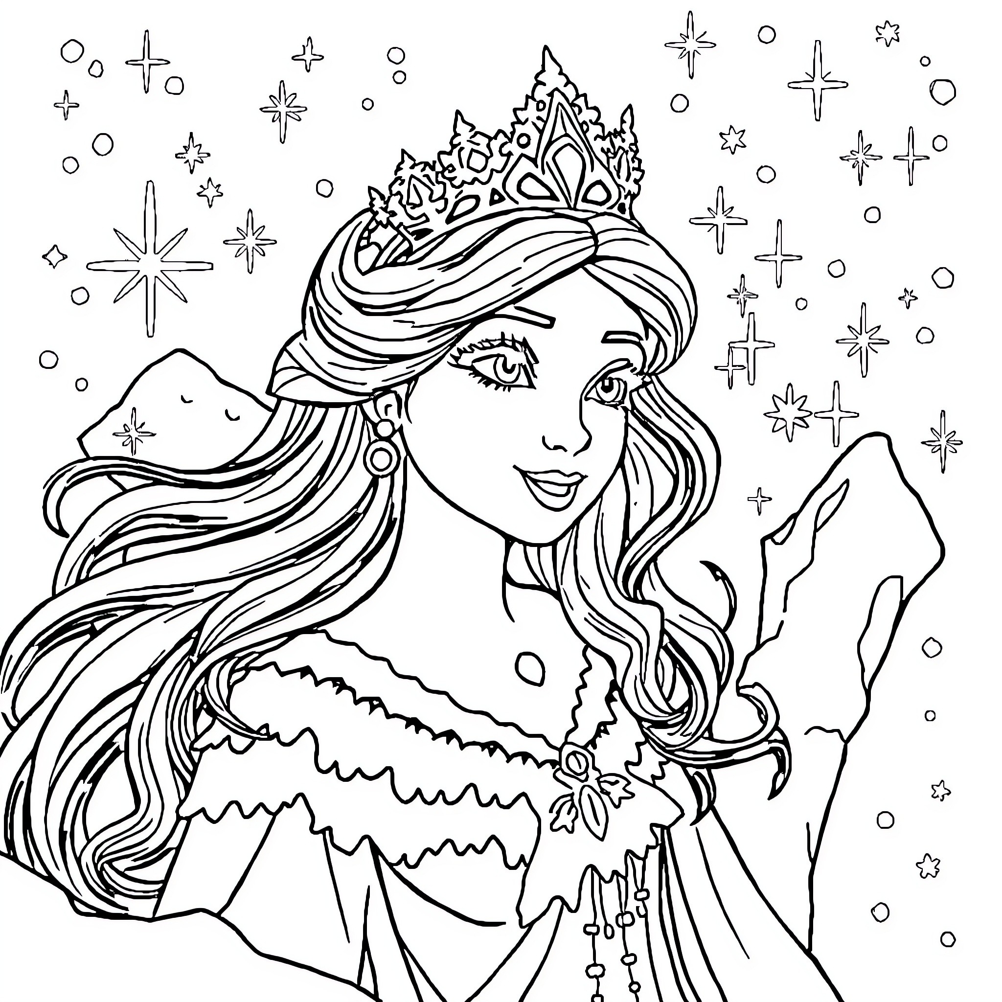 Snow Queen in a Snowy Wonderland Coloring Page (free black-and-white line drawing printable PDF for all, from beginners to advanced learners, including children, teens, adults, and seniors)