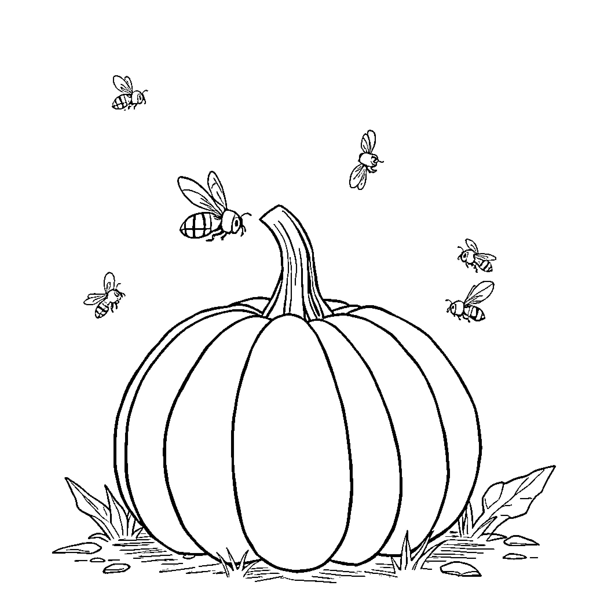 Pumpkin surrounded by playful bees Coloring Page (free black-and-white line drawing printable PDF for all, from beginners to advanced learners, including children, teens, adults, and seniors)