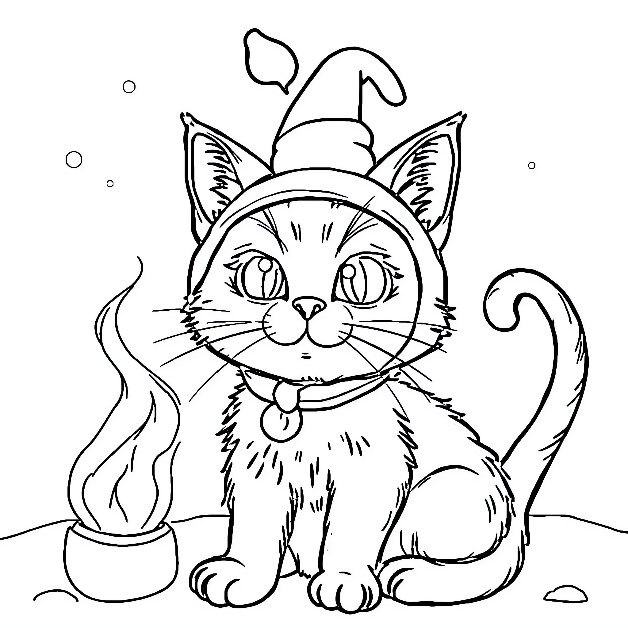 Cat wearing a witch hat and playing Coloring Page (free black-and-white line drawing printable PDF for all, from beginners to advanced learners, including children, teens, adults, and seniors)