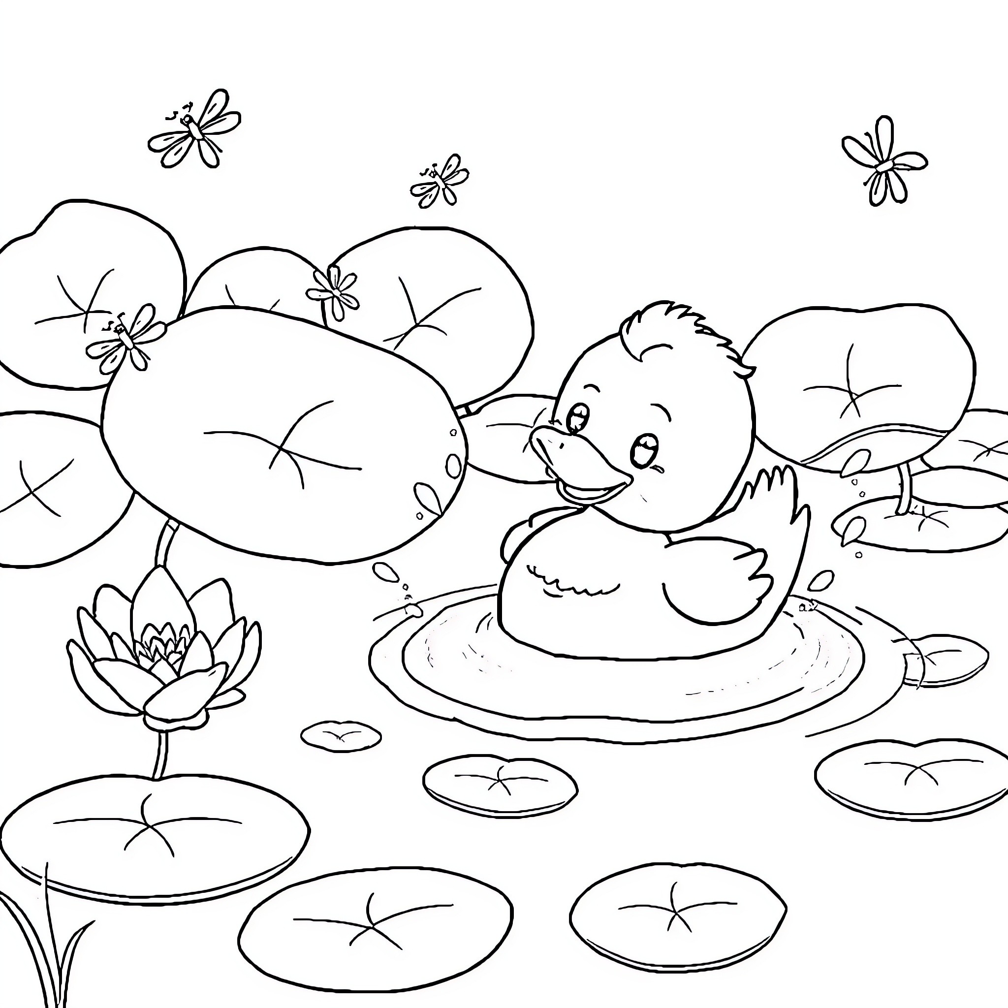 Duck swimming happily in the pond Coloring Page (free black-and-white line drawing printable PDF for all, from beginners to advanced learners, including children, teens, adults, and seniors)