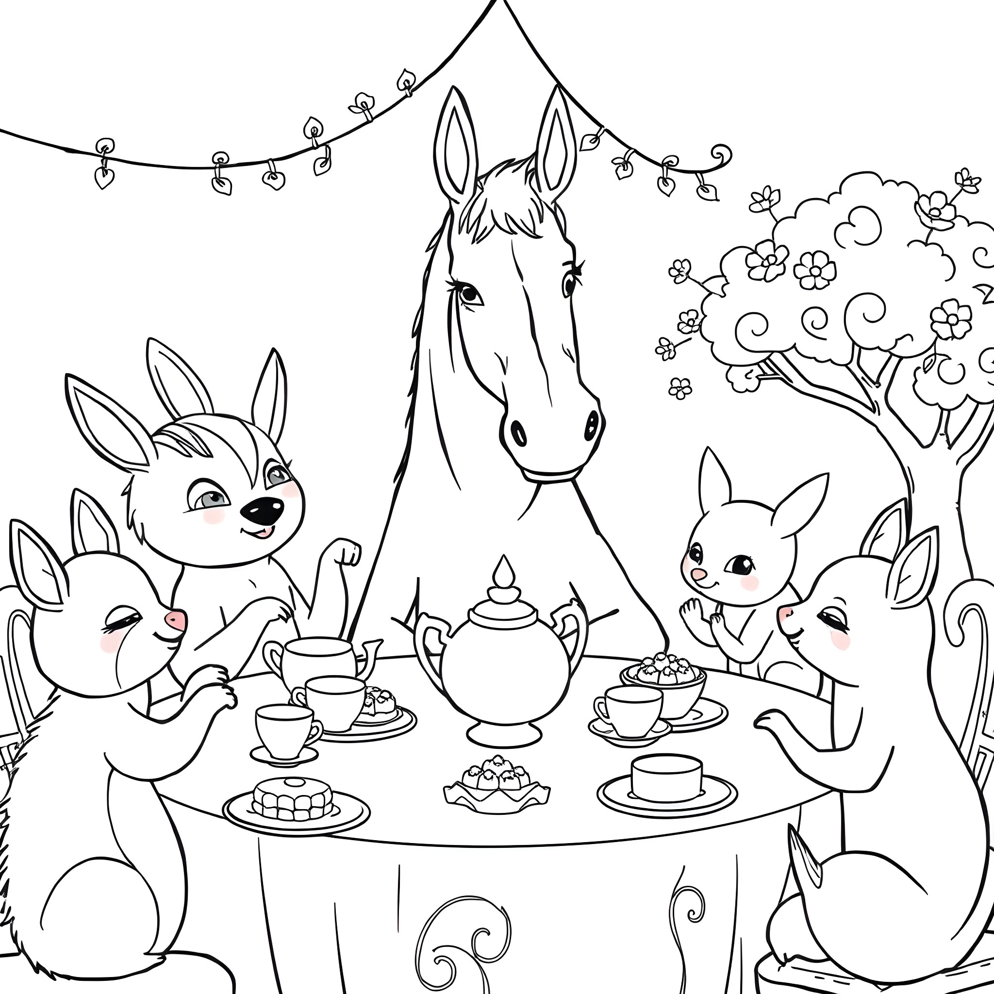 Bojack Horseman and Friends Enjoying a Tea Party Coloring Page (free black-and-white line drawing printable PDF for all, from beginners to advanced learners, including children, teens, adults, and seniors)