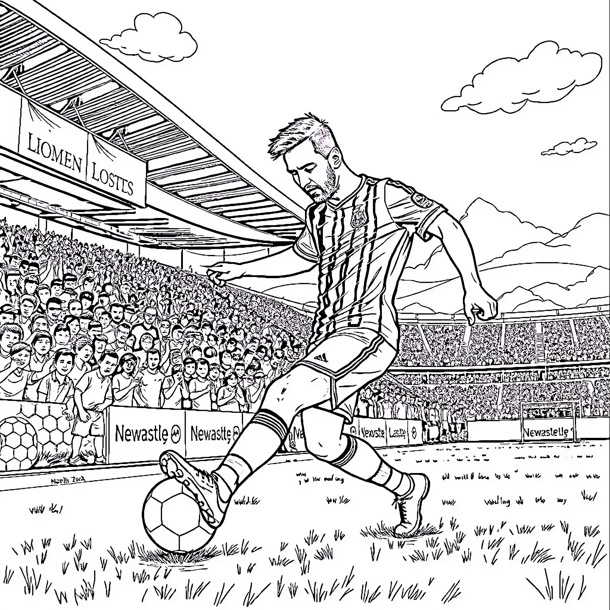 Lionel Messi playing soccer on the field with fans Coloring Page (free black-and-white line drawing printable PDF for all, from beginners to advanced learners, including children, teens, adults, and seniors)